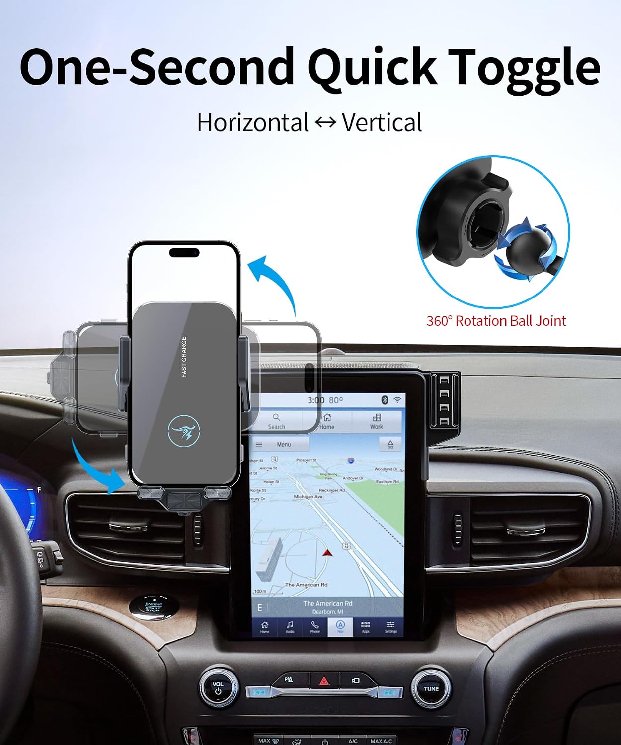 15W Wireless Fast Charger for 2020-2024 Ford Explorer Accessories 10.1 inch Screen Fixed Clip, Interior Decoration Mobile Phone Mount, 360° Rotation, Vehicle-Specific Custom Mount