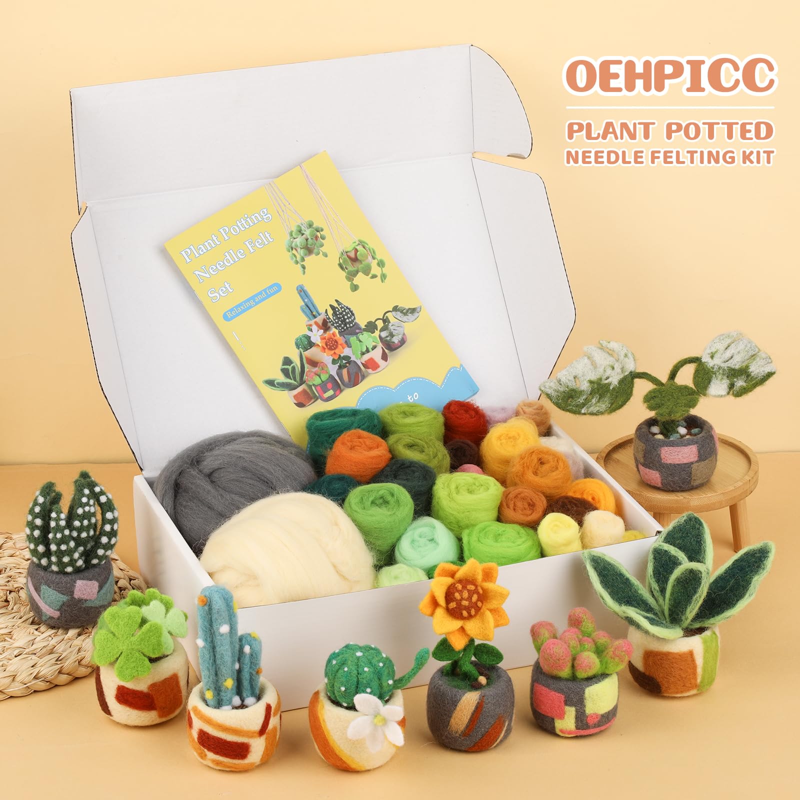 OEHPICC Kit de fieltro de aguja, paquete de 10 unidades, kit de inicio de fieltro con herramientas básicas de fieltro, instrucciones claras para principiantes y adultos, kit de manualidades para