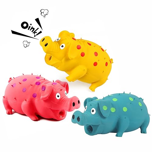 3-Pack Squeaky Pig Dog Toys - Durable Rubber Chew Toys with Oinking & Grunting Sounds for Small, Medium & Large Dogs - Interactive Latex Puppy Toy Set - Pink, Yellow, Blue