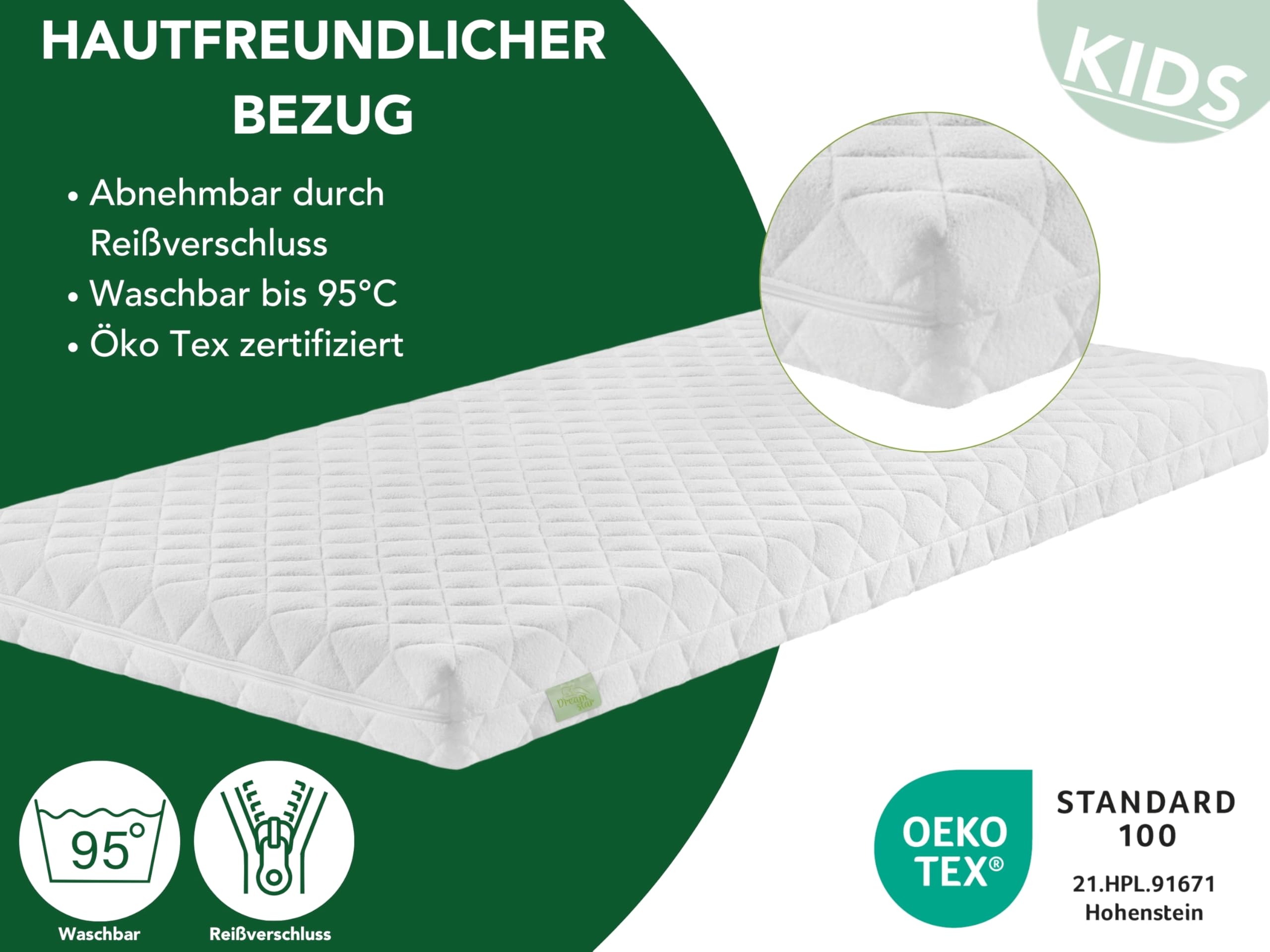 DREAMSTAR Ergo Kids Junior Babymatratze und Kindermatratze | Öko-TEX® | hautfreundlicher Bezug abnehmbar und waschbar bei 95 Grad | 80 x 160 cm