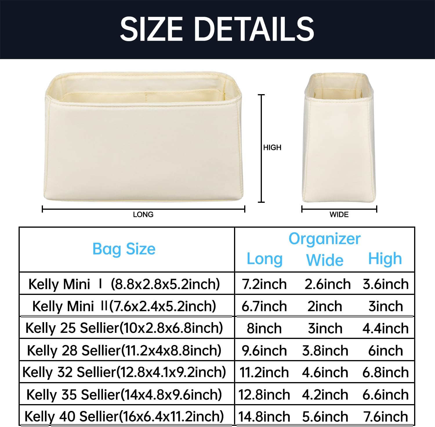 Organizer Insert for Kelly Mini/25/28/32/35/40, Nylon Inner Bag Organiser(Size: MiniKL1, Color: Craie) - Image 2