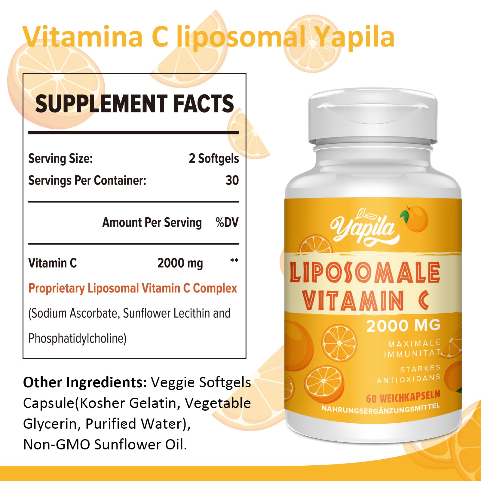 Vitamina C Liposomal 2000 mg Cápsulas - Máxima Absorción y Alta Concentración,Suplemento Antioxidante Potente,Ácido Ascórbico,Vegano, Libre de Soja