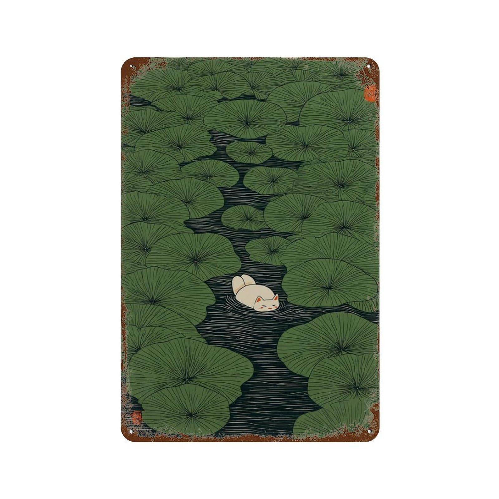 xiaoxiaoshen Cat in Lily Pond Japanese Style Green Nature Whimsical Minimal Wall Decor Art Metal Tin Poster Modern Home Decor Art Home Bar Shop Decorations Vintage Sign 30x20cm