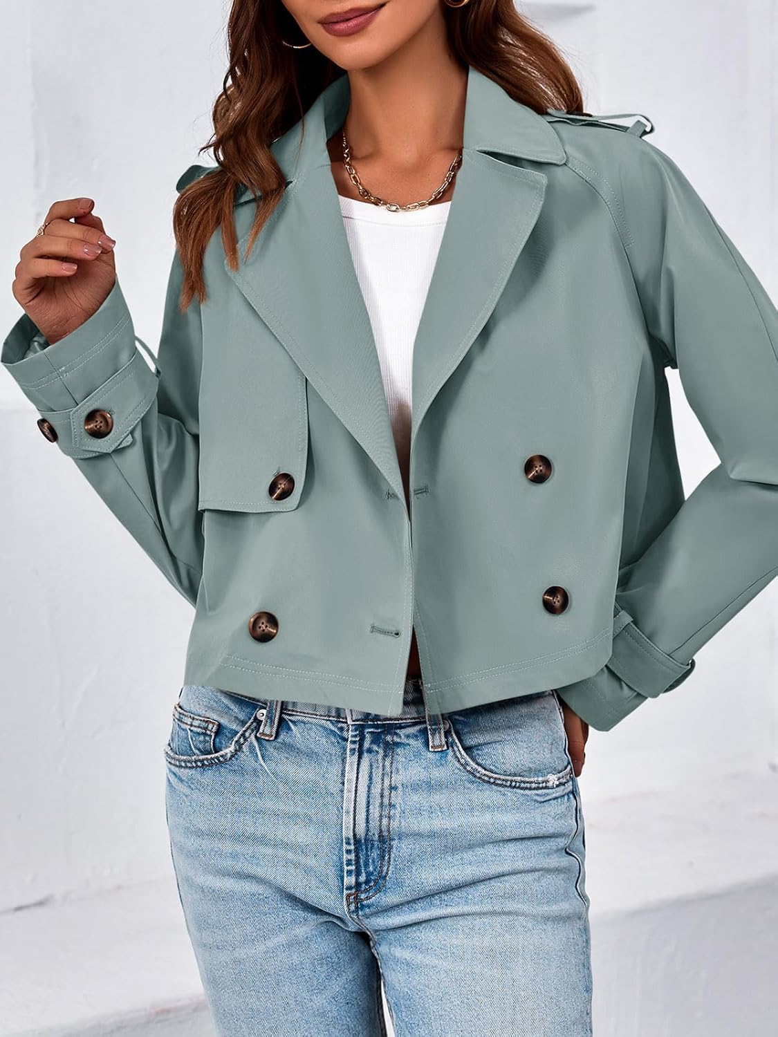 Tankaneo Womens Cropped Trench Coat Lapel Double Breasted Short Jacket Outwear - Image 3