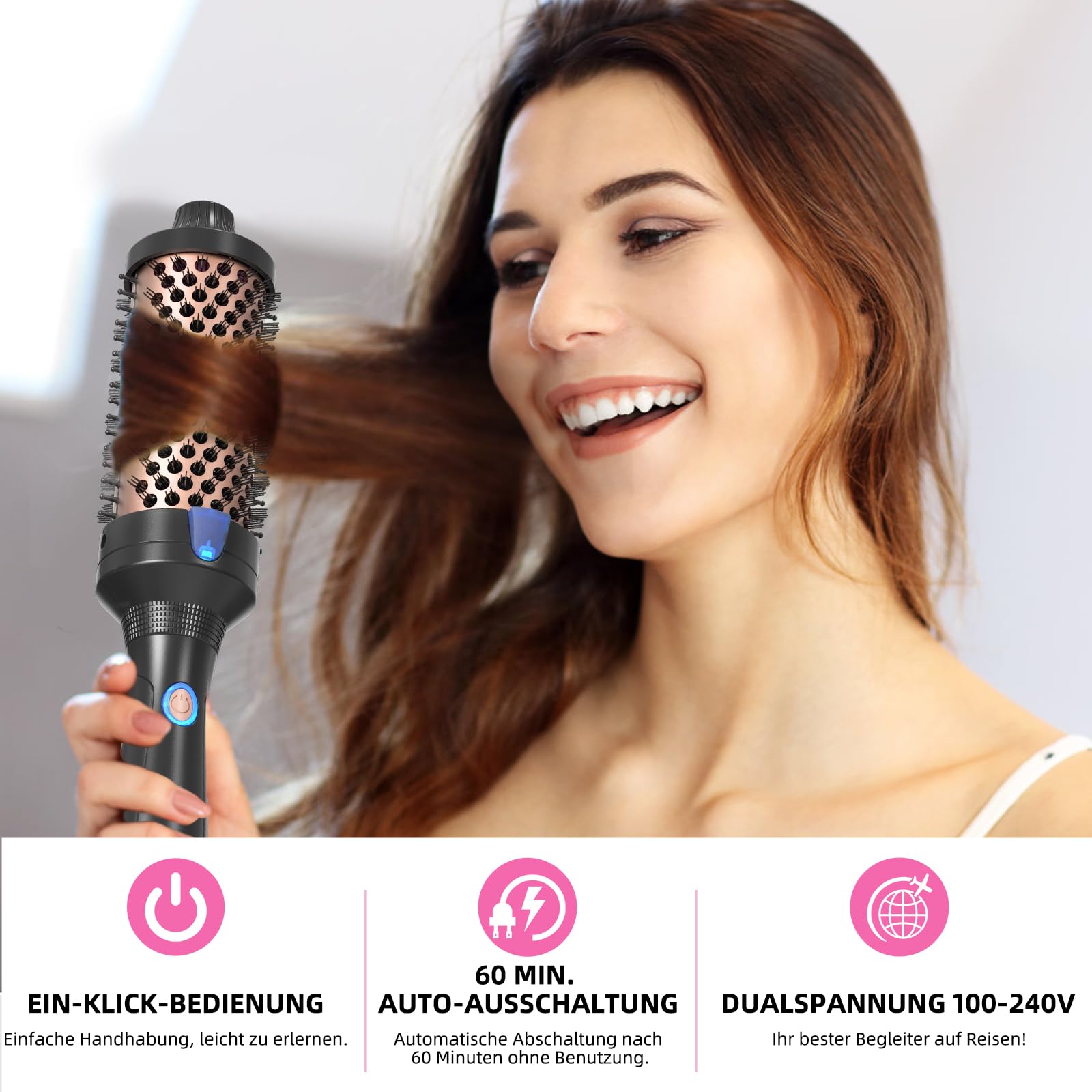 K&K Cepillo térmico de queratina, cepillo térmico de barril caliente, cepillo de pelo caliente, iónico, liso, brillo de volumen, plancha para el pelo, herramienta de peinado, doble tensión (negro, 45