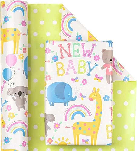 Miniatura 2 de WRAPAHOLIC Papel de regalo reversible de 30 pulgadas para baby shower, 30 pulgadas x 33 pies, diseño de animales y nuevo bebé para baby shower,