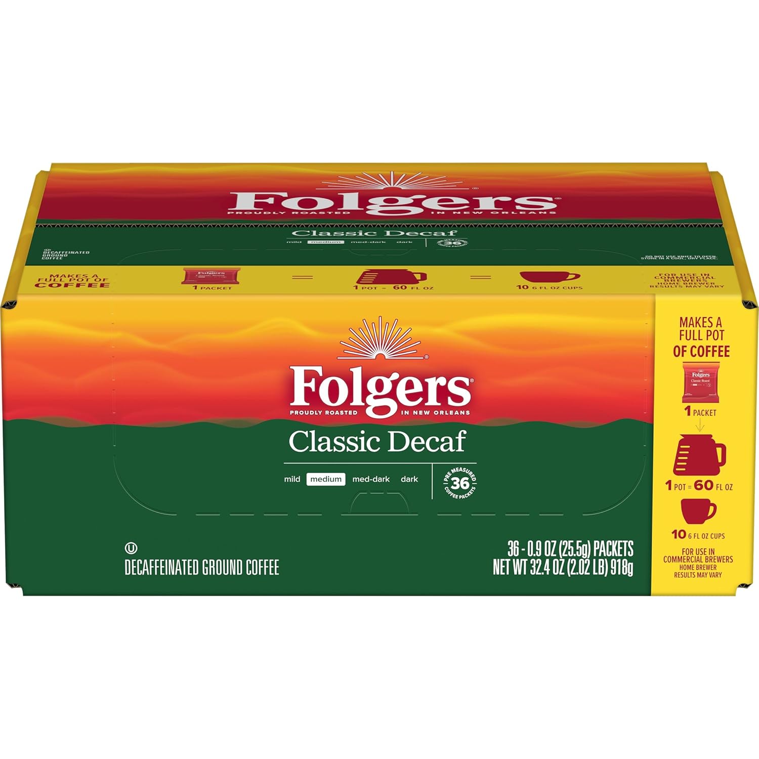 Folgers Classic Decaf Medium Roast Ground Coffee, 36- .9 Ounce Fraction Packets, Frac Packs