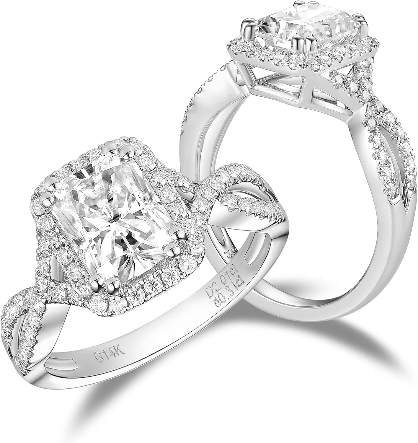 DovEggs Solid 14k White Gold Center 2ct 6x8mm GH Color Radiant Cut Moissanite Split Shank Engagement Rings with Accents for Women