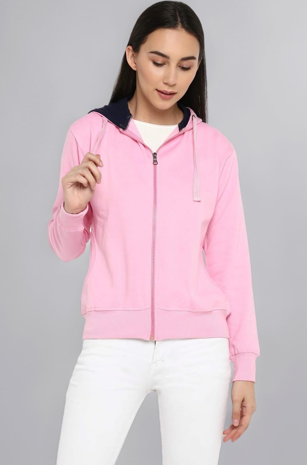 Women's Solid Zipper Hooded Sweatshirt | Front Zip, Ribbed Hem, Lined Hood, Casual Winter Wear
