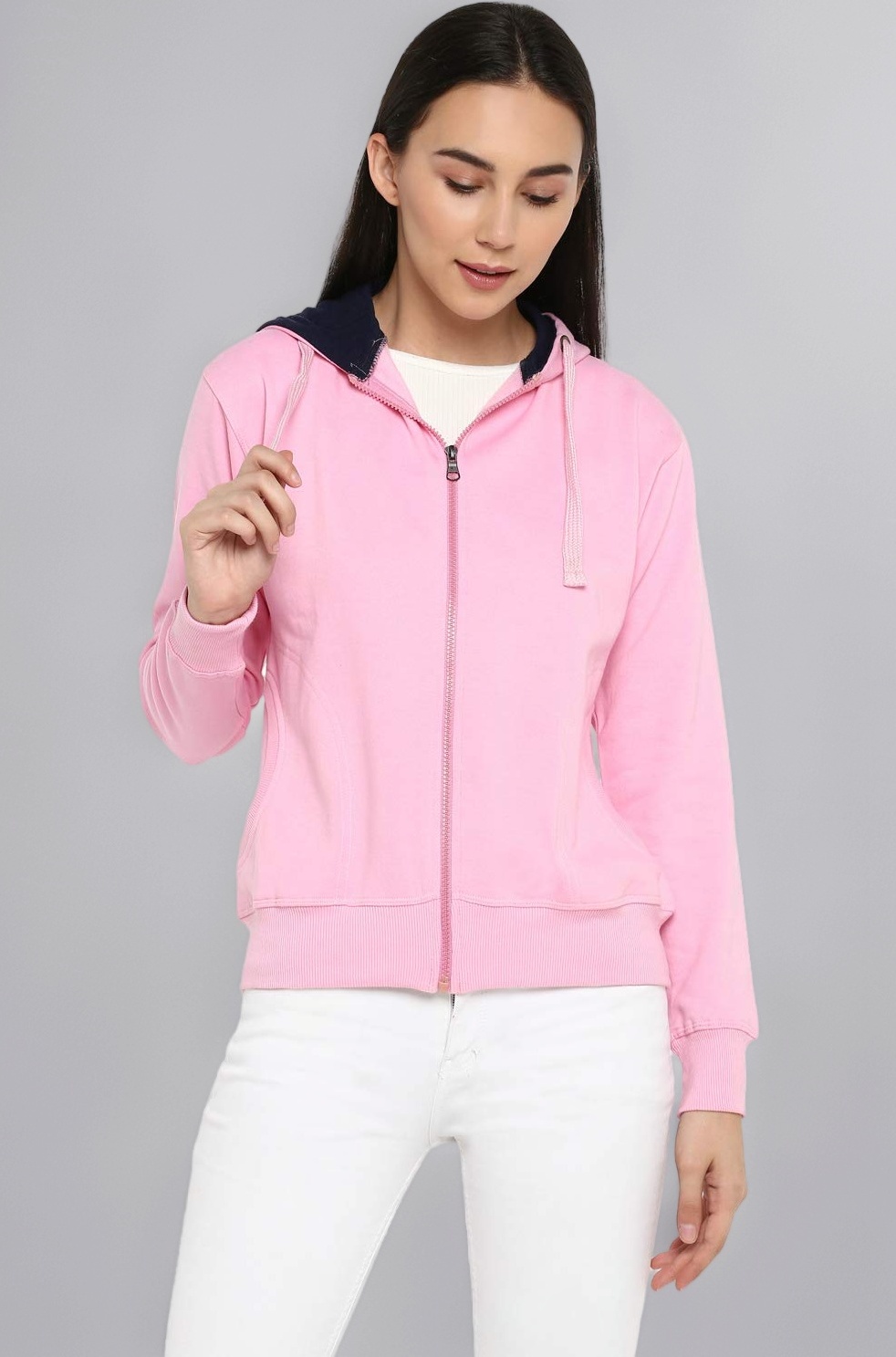 Women's Solid Zipper Hooded Sweatshirt | Front Zip, Ribbed Hem, Lined Hood, Casual Winter Wear