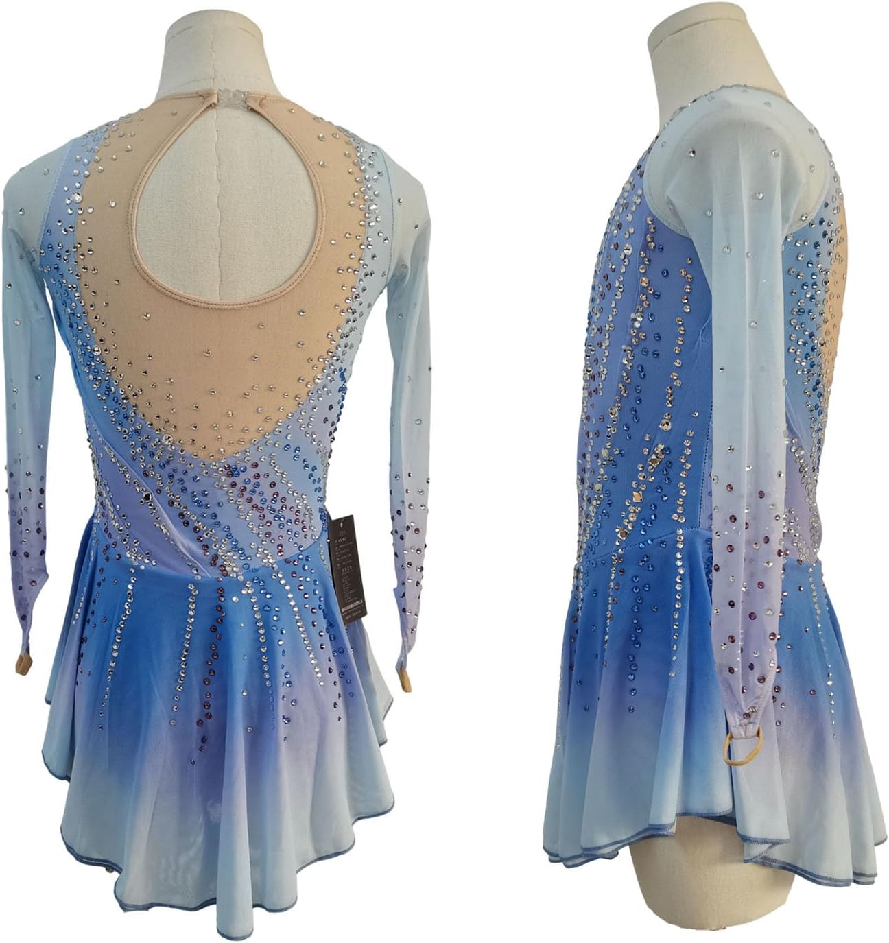LIUHUO Women's Figure Skating Costume with Blue Gradient, Water Droplets and Long Sleeves