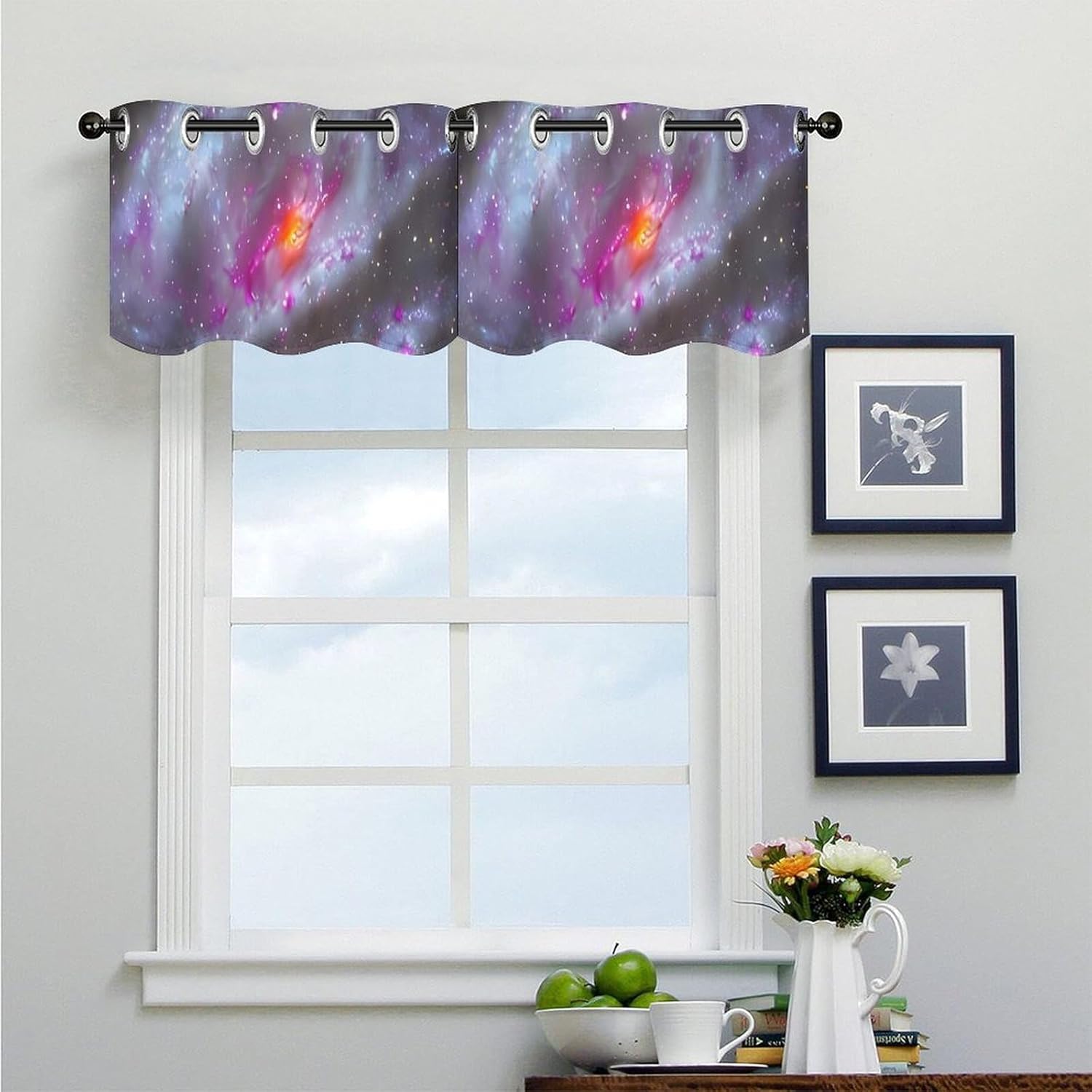 Colorful Galaxy Valance for Windows, 2 Pack Kitchen Curtains Modern Home Decor, Soft Blackout Window Curtains for Living Room & Bedroom, 18 X 52 Inch