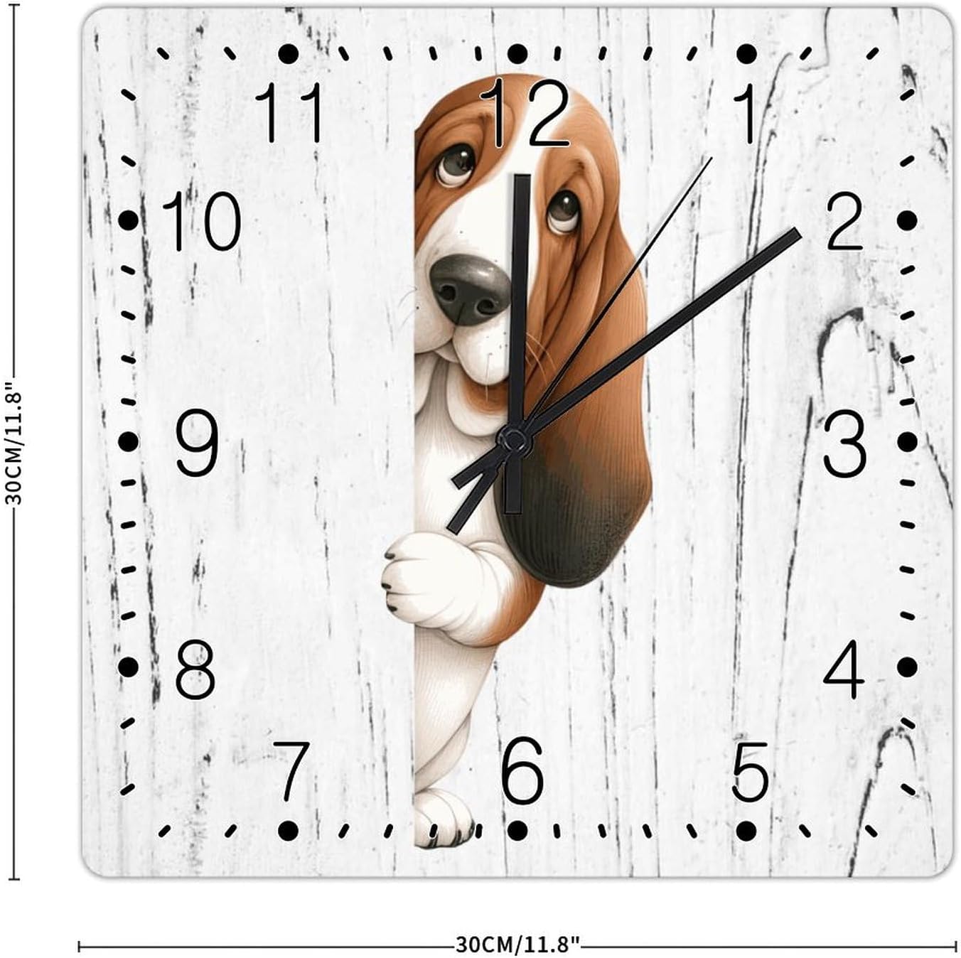 Basset Hound Decorative Wall Clock Basset Hound Dog Peeking ASquare Corner Wood Clock Battery Operated Silent Wood Clocks Dog Owner Gift Wooden Clock for Living Room Bedroom 12x12in