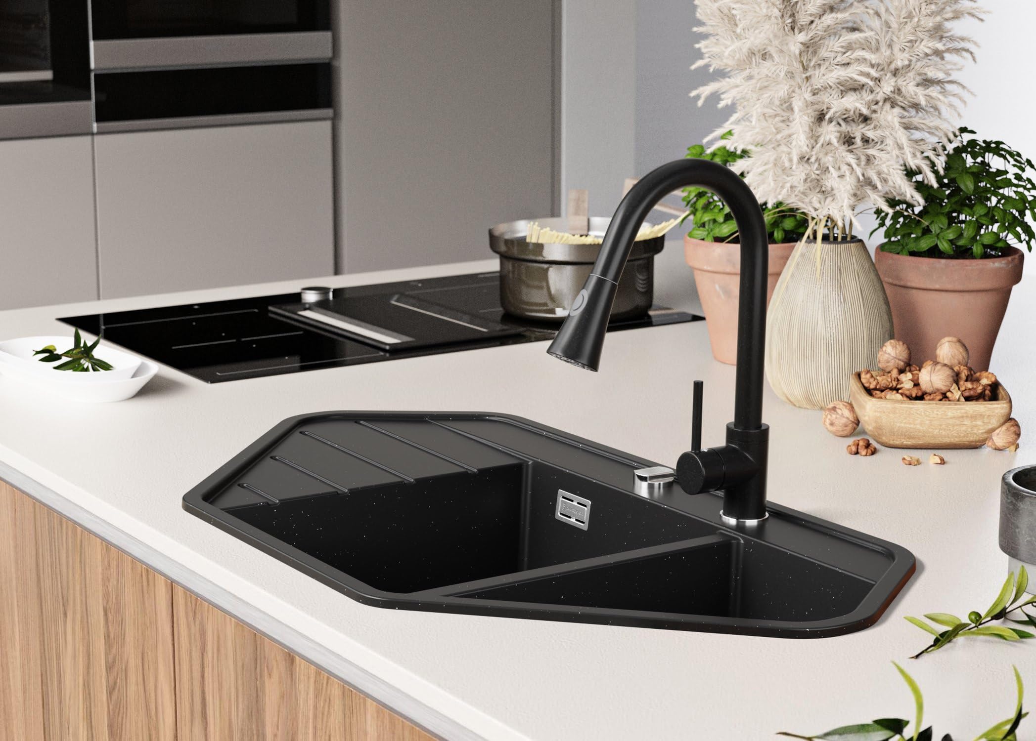 PRIMAGRAN Spülbecken Schwarz Metallic - Kopenhagen, 90x50cm | Granitspüle 1,5 Becken + Ablauf-Set, Küchenspüle ab 70er Unterschrank (S004)