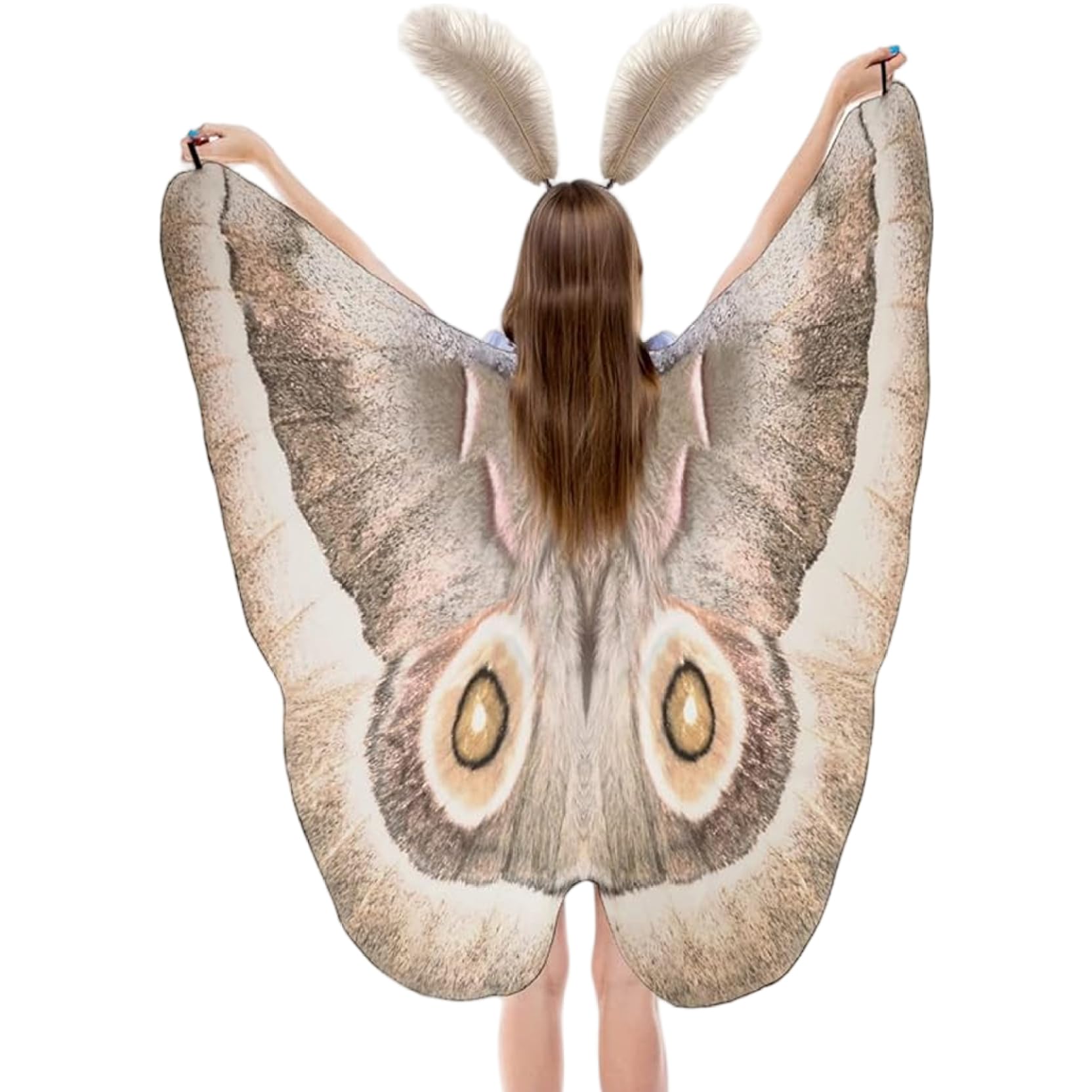 Pesoncarl Moth Costume, Halloween Butterfly Wing with Feathers Headband Print on Both Sides Moth Wing Cape for Halloween or Costume Party