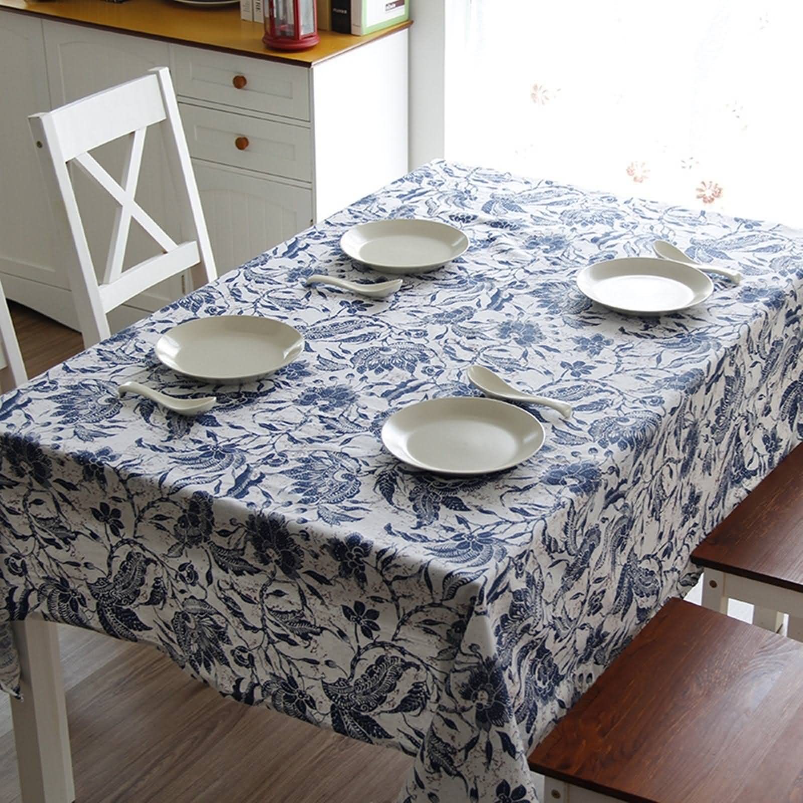 EHOMERY Tischdecken Dekoration Tischtuch Italienisch Blaues Und Weißes Porzellan Gartentischdecke Leinen Wachstuch Uni Blau Weiss Tischschutz Dekoration 140X140Cm Küche, Haushalt & Wohnen