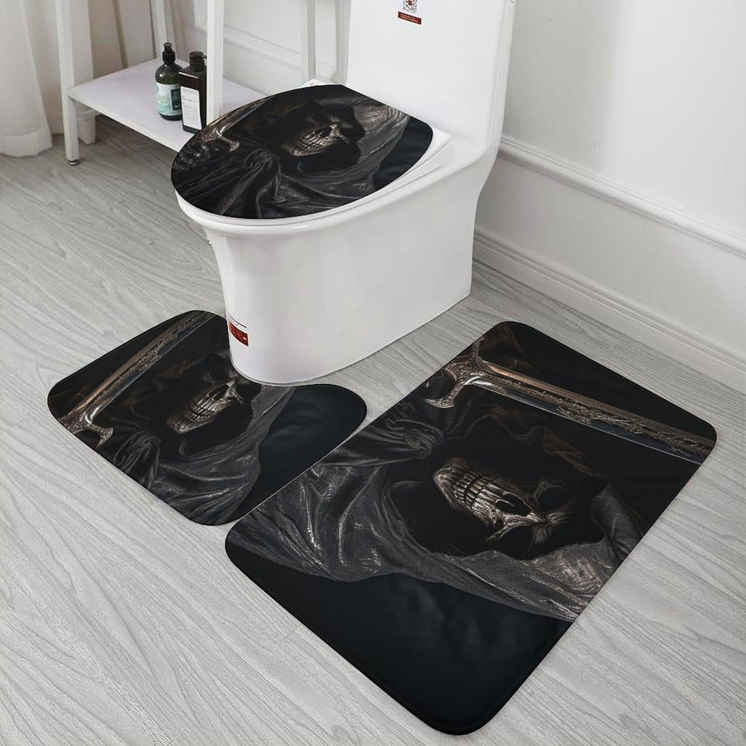Anti-Skid Floor Mats 3 Piece Set,Skeleton in Robe Printed Coral Fleece Bathroom Mats U-Shaped Contour Mat Toilet Seat Cover for Bathroom, Tub, Shower, Kitchen 19.7"x31.5"