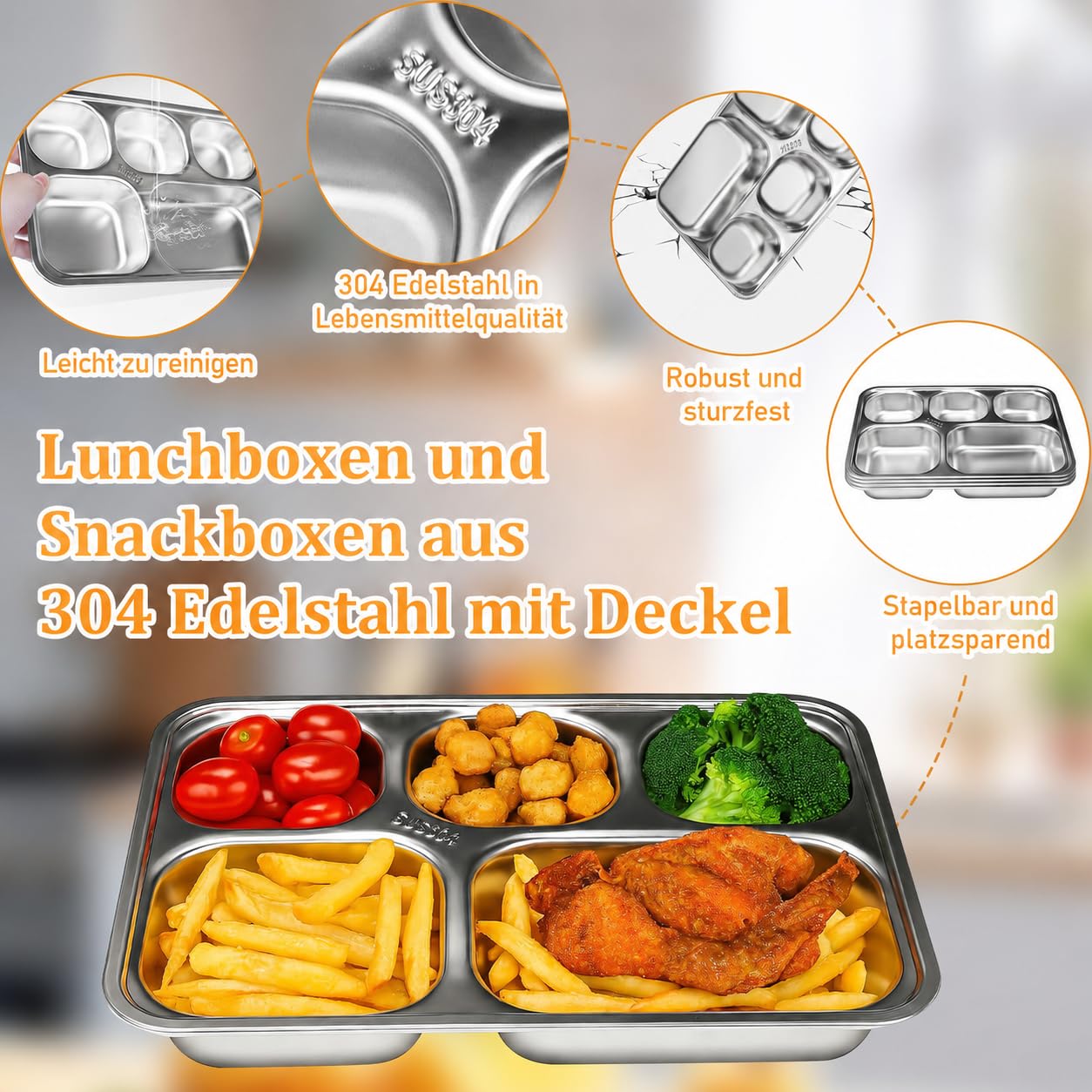 Lot de 8 assiettes divisées en acier inoxydable avec couvercle, boîte à goûter rectangulaire divisée à 5 compartiments pour enfants, assiette à portions en métal pour adultes, camping, école