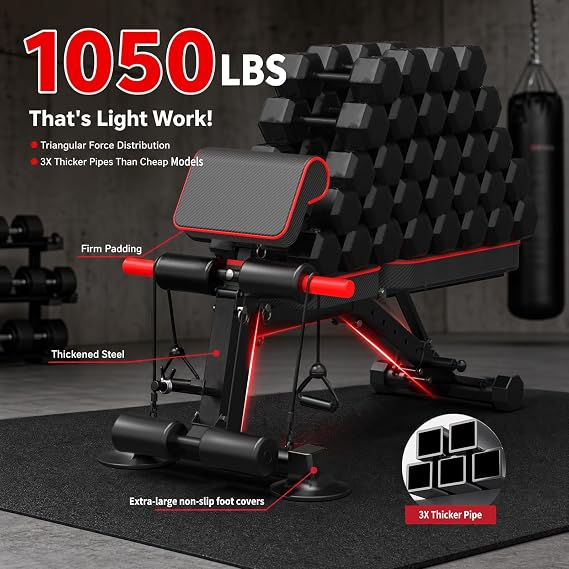 ADJUSTABLE WEIGHT BENCH - Free installation design for utility workout bench for exercise, portable fitness strength training equipment at home gym | 頑丈なスチールフレーム、最大荷重1000ポンド、8段階の背もたれ調整、組み立て不要、コンパクトな折りたたみ式デザイン。
