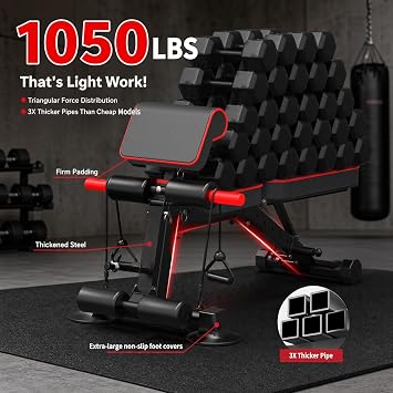 ADJUSTABLE WEIGHT BENCH - Free installation design for utility workout bench for exercise, portable fitness strength training equipment at home gym | 頑丈なスチールフレーム、最大荷重1000ポンド、8段階の背もたれ調整、組み立て不要、コンパクトな折りたたみ式デザイン。