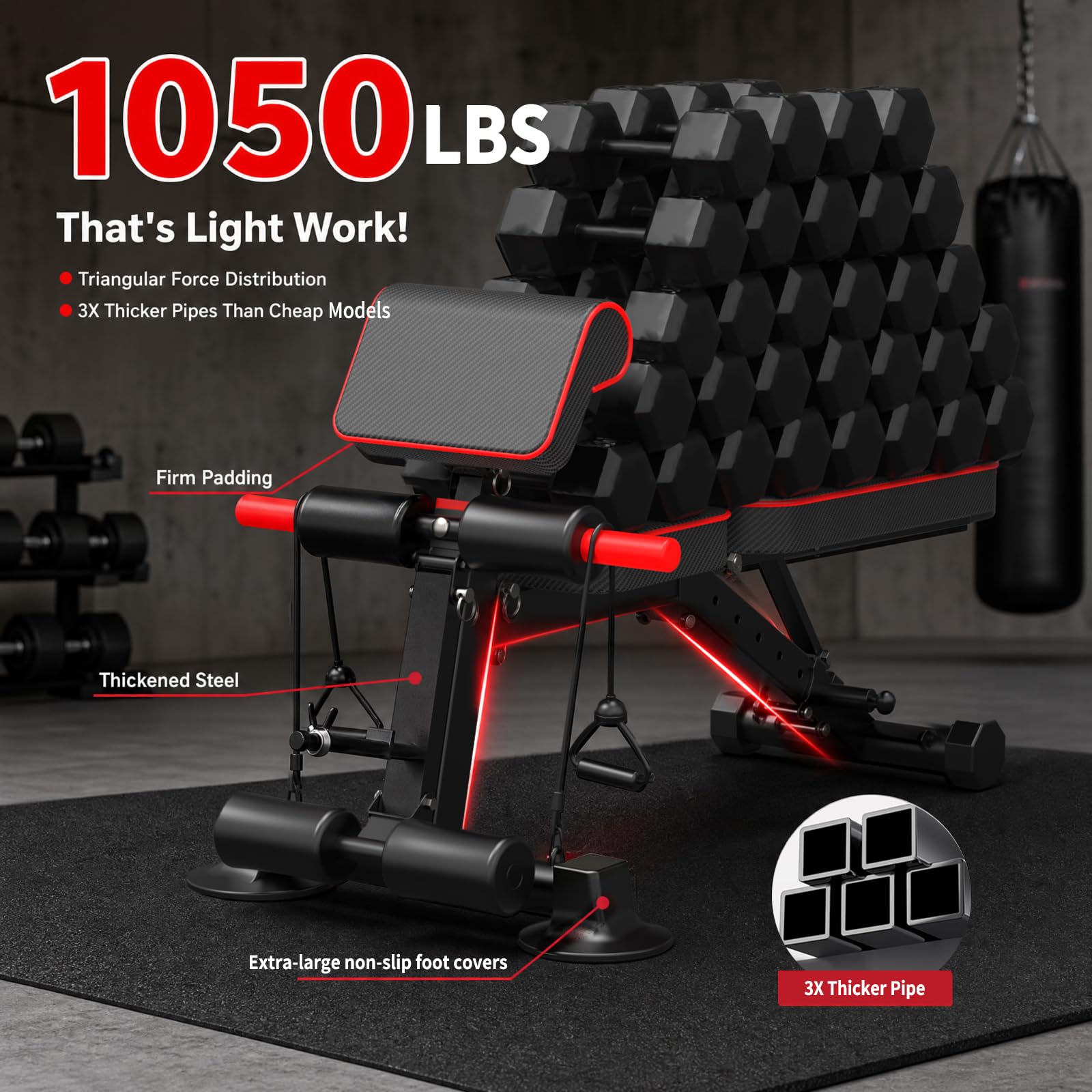 Adjustable Weight Bench, Foldable Home Gym, 1050lbs Capacity | Heavy-duty steel frame, 1050lbs max load, 8-level backrest adjustment, no assembly required, compact foldable design