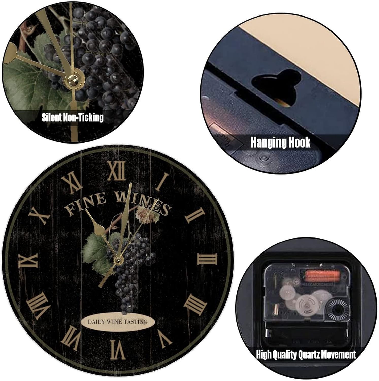 Fine Wines Black Hanging Wall Clock 12Inch Round Clocks Vintage Grapes Wood Wall Clocks Silent Battery Operated Wall Clock Shabby Chic for Laundry Room Bedroom Birthday Housewarming Gift