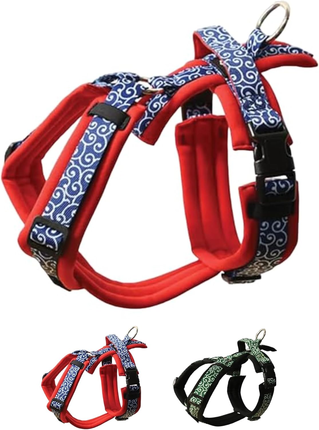 [白山:Hakusan] Zero Dog Harness Karakusa Type, Safe - No chocking/Hard to Disconnect, Great fit - Easy Put on and Off/Adjustable, Reflector, Tiny - Small & Medium Dog, Two-Tone Karakusa Red × Navy