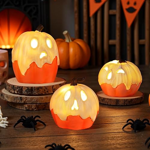 Halloween Decorations,Light Up Ghost Pumpkin Decorations Set of 3,Cute Halloween