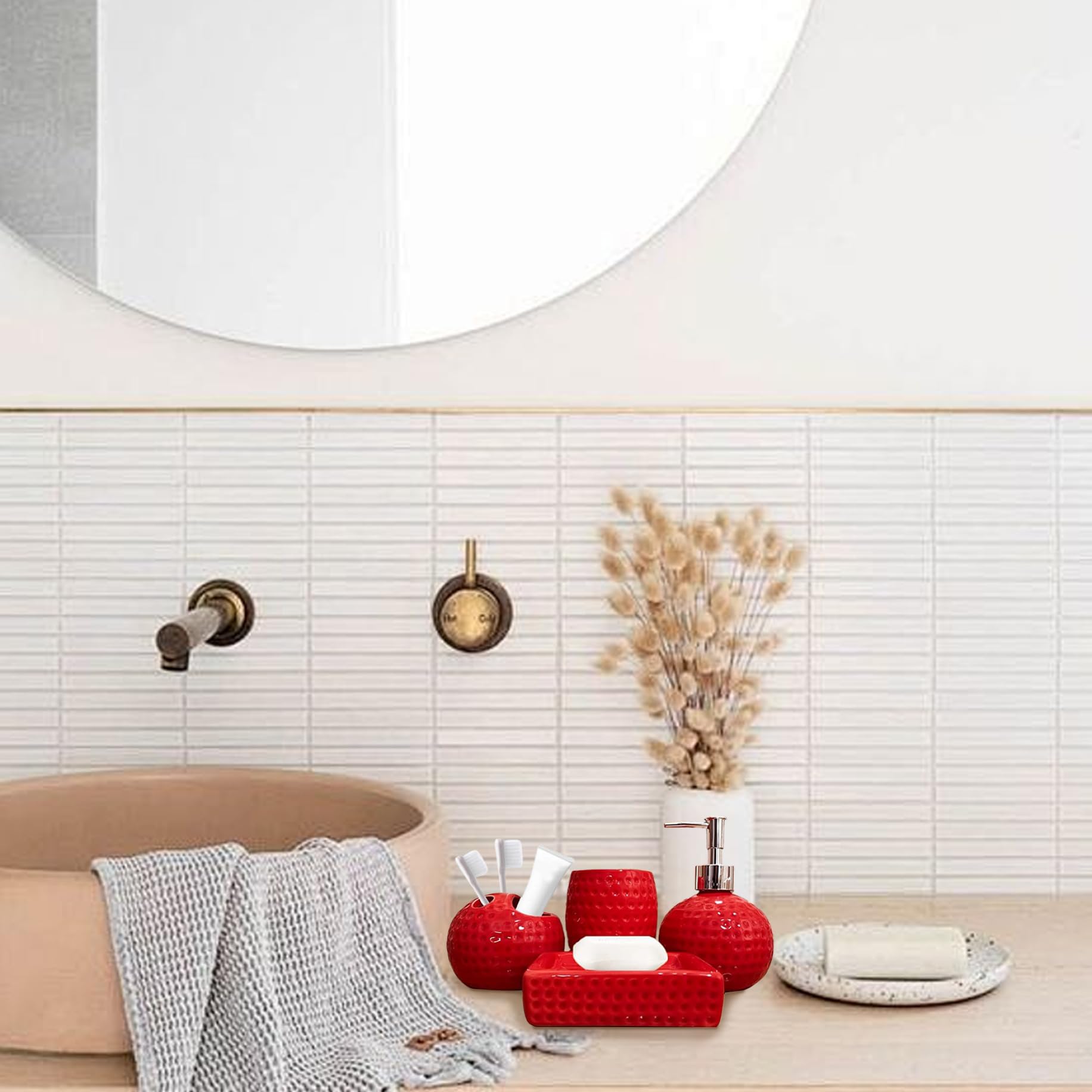 Set da Bagno Rosso, Accessori in Ceramica da 4 Pezzi Include portaspazzolino, Bicchiere, Dispenser per lozioni, portasapone, Decorazioni Natalizie