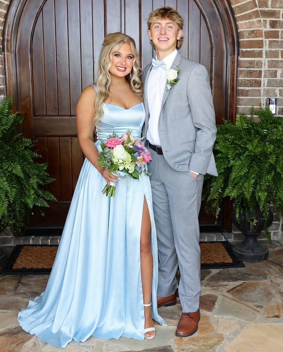 Jacquard Satin Prom Dresses with Slit Spaghetti Straps A Line Maxi Long Formal Dress OE124