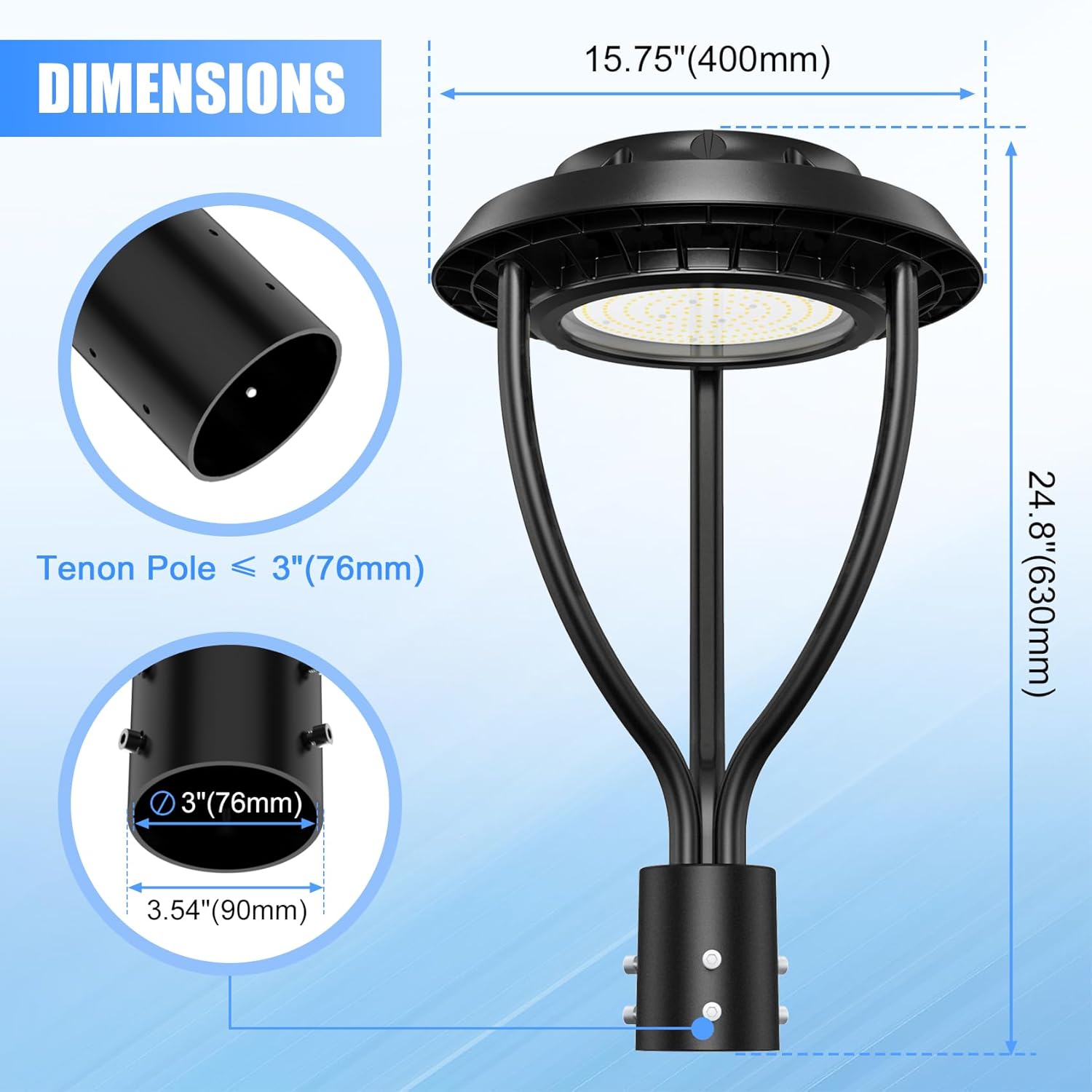 150W LED Post Top Light with Photocell, 150W 120W 90W Adjustable, 21000LM Adjustable CCT 3000/4000/5000K Outdoor Pole Lights, IP65 Waterproof LED Post Light Fixture Area Light ETL DLC Listed