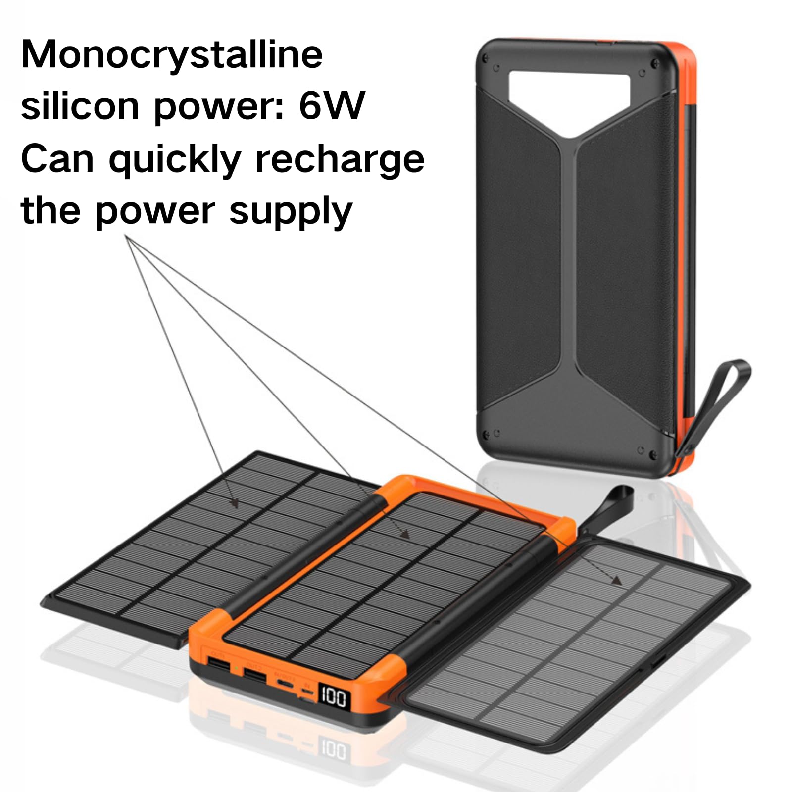 Powerbank Solar 20000 mAh, Dos Puertos USB, Tipo-C, Función de Carga Inalámbrica, Carga 4 Dispositivos al Mismo Tiempo, Cables Integrados, Cargador Portátil para iPhone, Android, Viajes