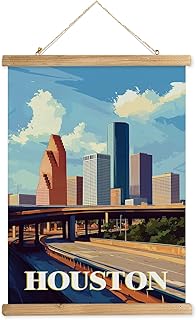 WREVERW Vintage Houston Poster Canvas Print with Wooden Hanger Frame, Featuring Houston Skyline, Williams Tower, and Highway View, Wall Art for Home and Office Decor, 16x23 inches