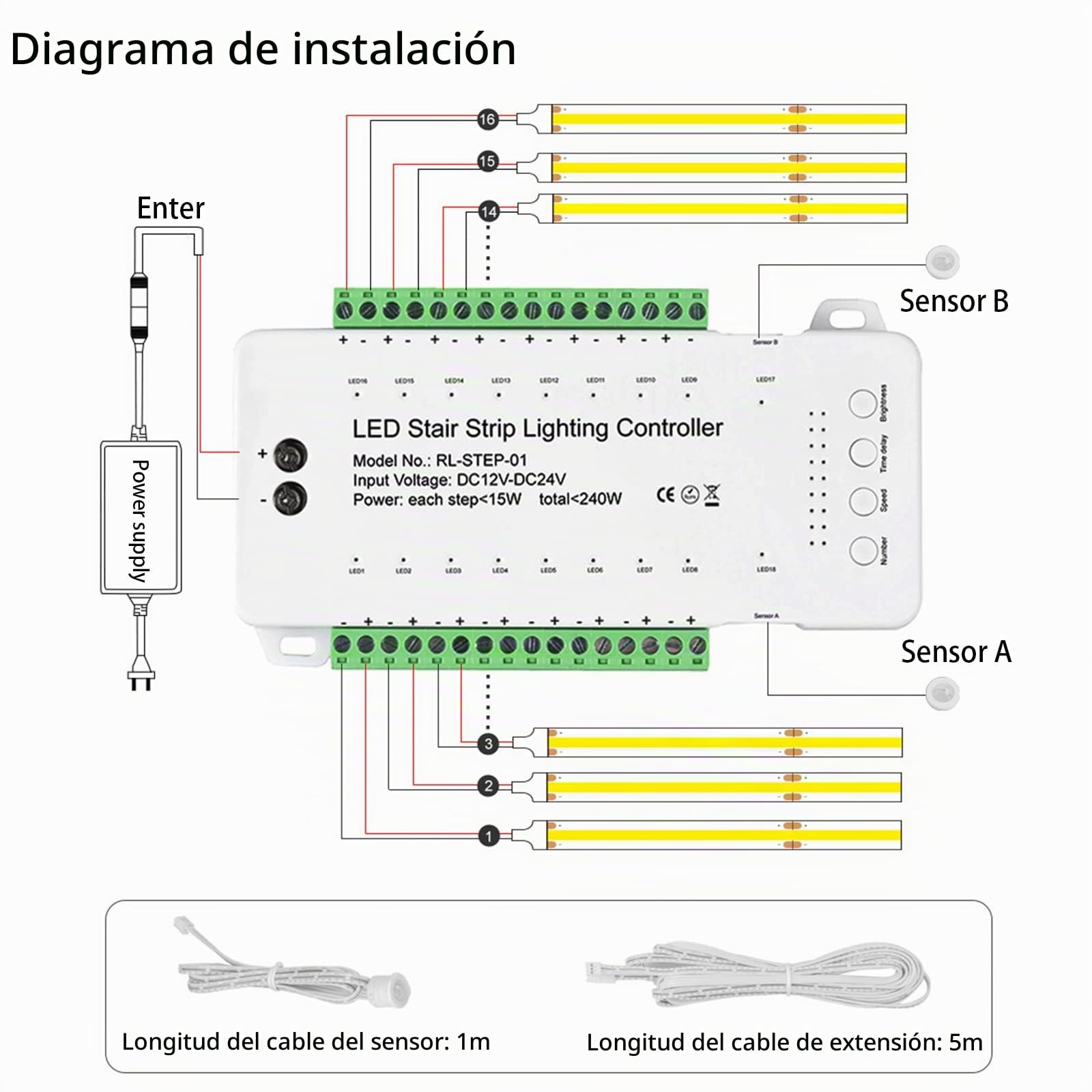 Controlador de iluminación LED para escalones con detector de movimiento, 16 escalones controlador de luz LED para escaleras