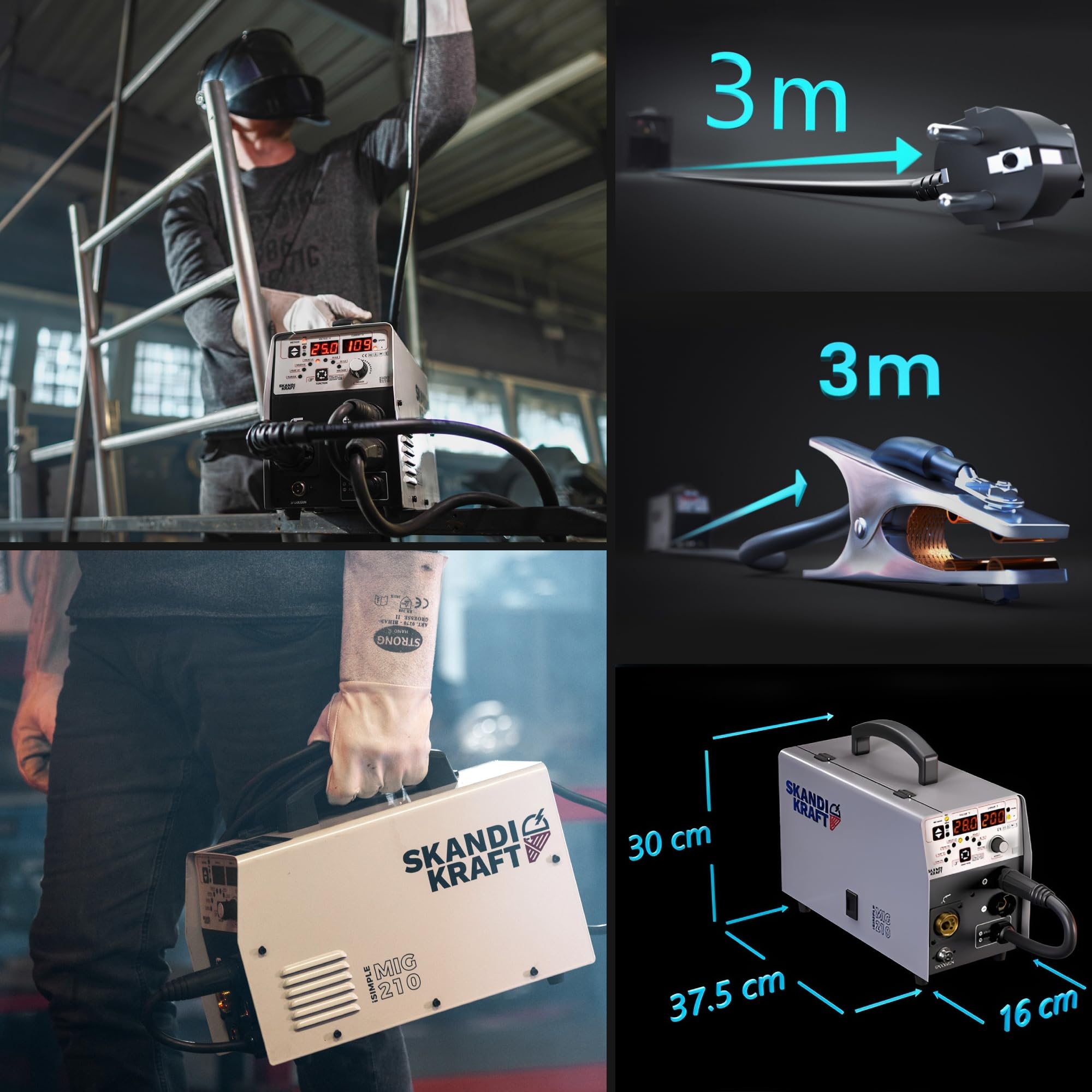 SKANDI KRAFT iSIMPLE MIG 210 - Kit completo con botella de gas de 8 l y casco - Estación de soldadura de gas de protección 4 en 1 MIG MAG 200 A 230 V - Soldador de alambre de llenado sin gas, TIG MMA