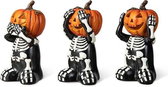 Glitzhome Set of 3 Halloween Resin Skeleton Pumpkin Table Decor 5.75" H, Halloween Jack-O-Lantern Skeleton Sculpture Skull Figurine Statues Desktop Decorations Tabletop Collectible Figurines
