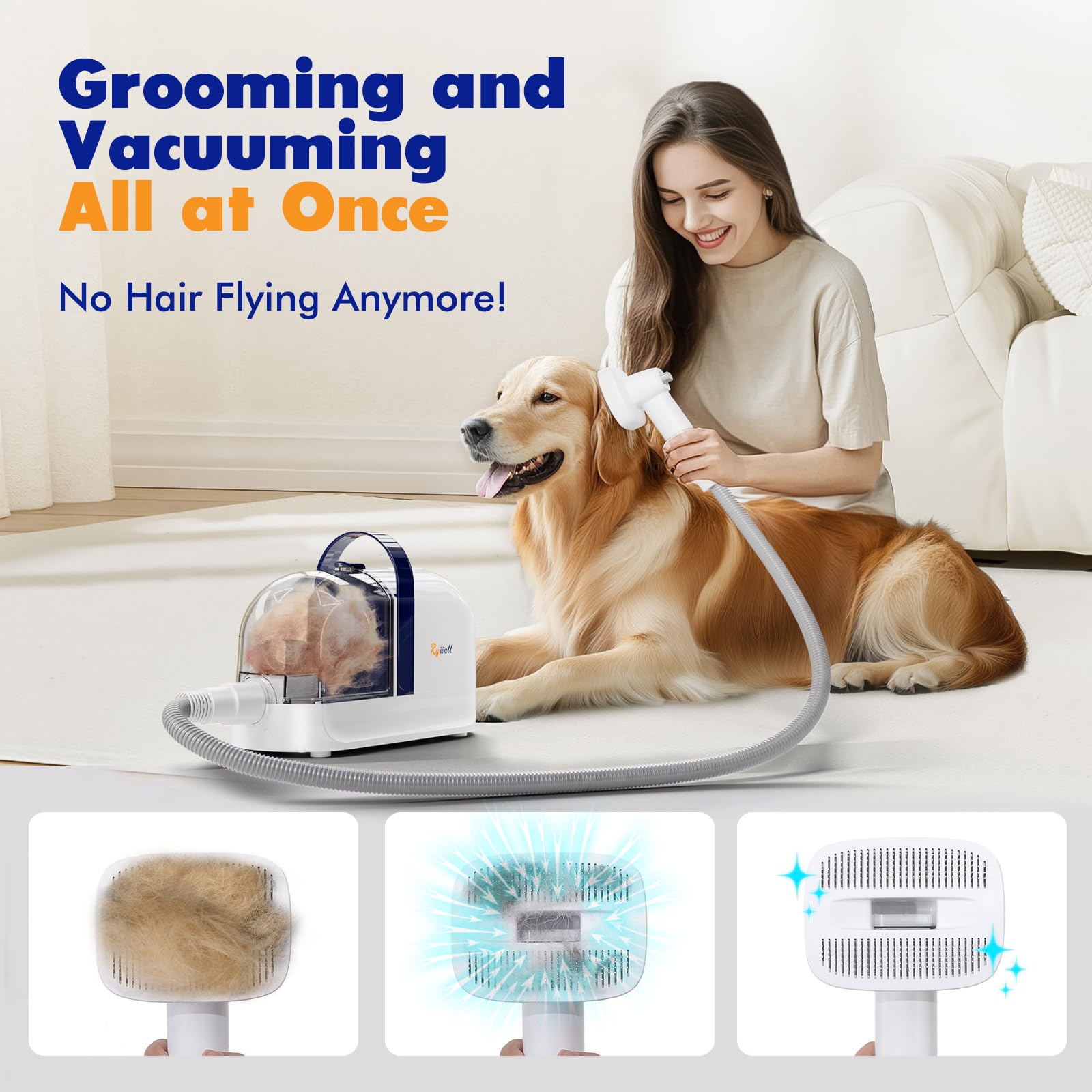 Rywell Kit de aseo para perros, 3 herramientas de aseo, aspiradora para perros de bajo ruido de 1,5 L con filtro HEPA y sistema de filtración avanzado | Incluye cortaúñas y cepillos, recortadora de pelo de mascotas para desprendimiento, herramienta de ase