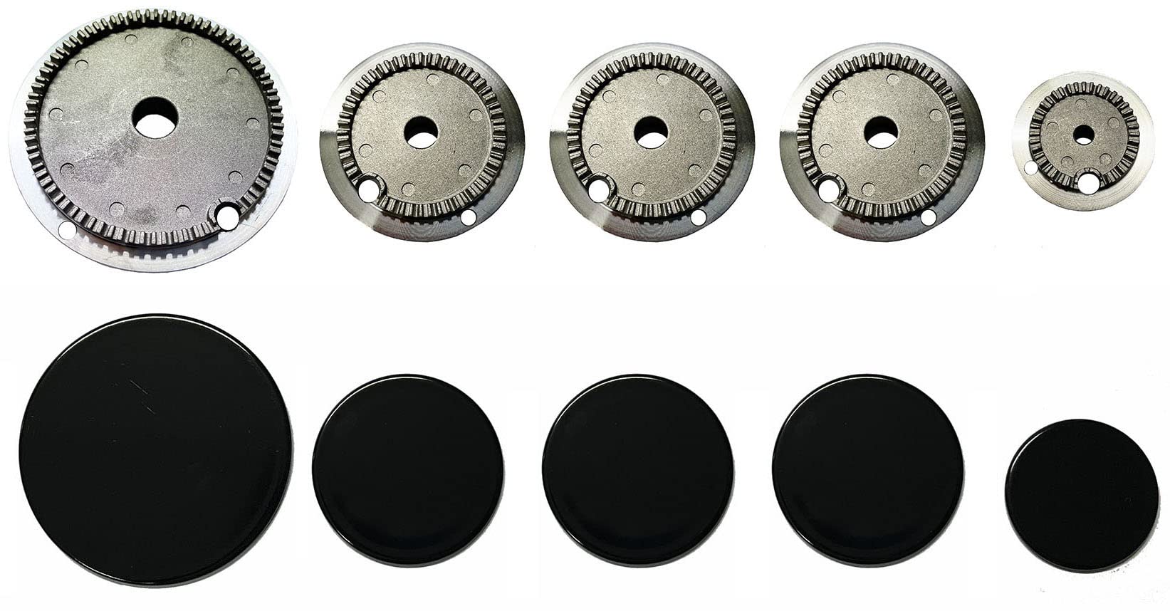 Electrolux Rex Aeg Zanussi Kit 5 bruciatori spartifiamma + 5 piattelli smaltati neri - 1 grandi - 3 medi - 1 piccolo per cucina piano cottura 5 fuochi - KIT44050/C
