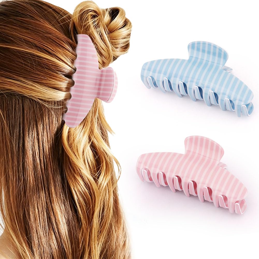 Striped Hair Claw Clips for Thick Thin Hair, 2 Pack 4 Inch Pink Blue