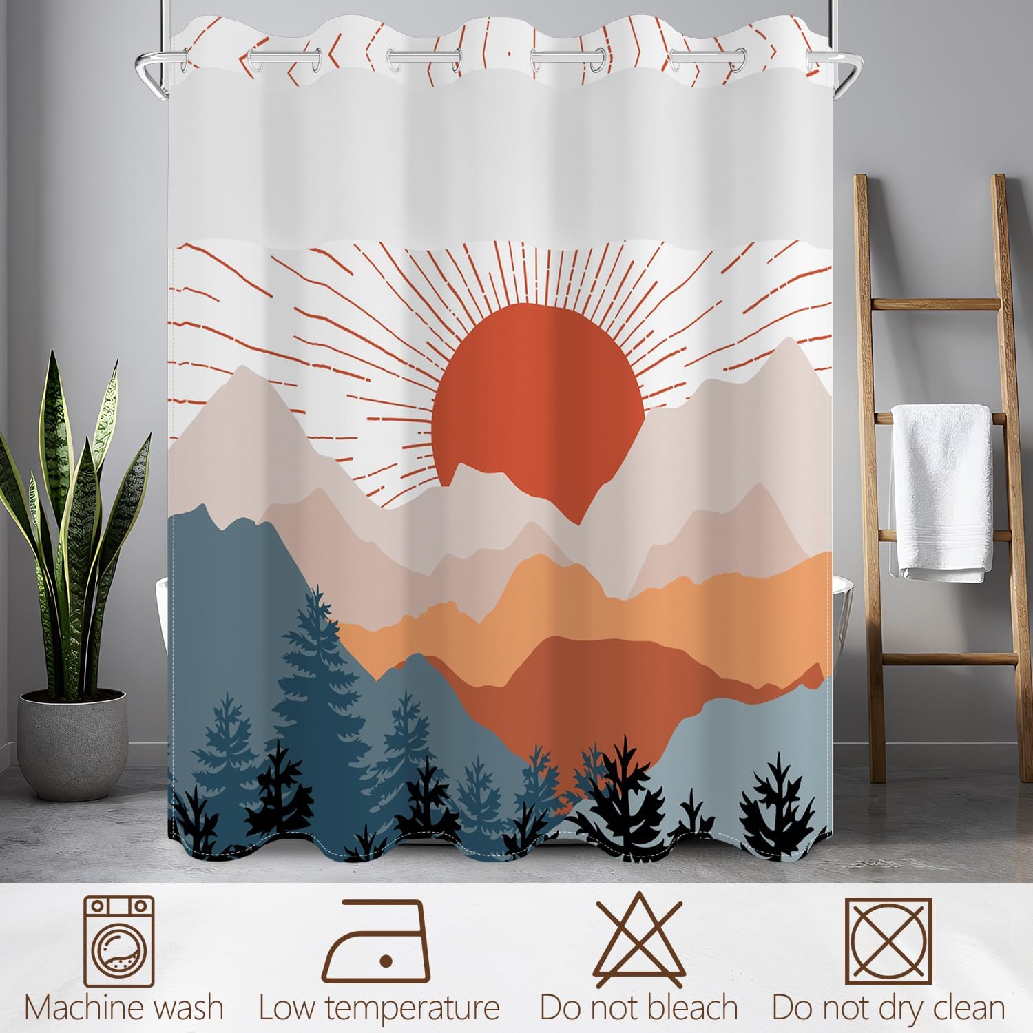 No Hook Shower Curtain with Snap in Fabric Liner Set, Waterproof & Washable, Boho Mid Century Shower Curtains for Bathroom, Abstract Sun Forest Mountain Nature Bathroom Curtain, House Gift, 71x74 inch