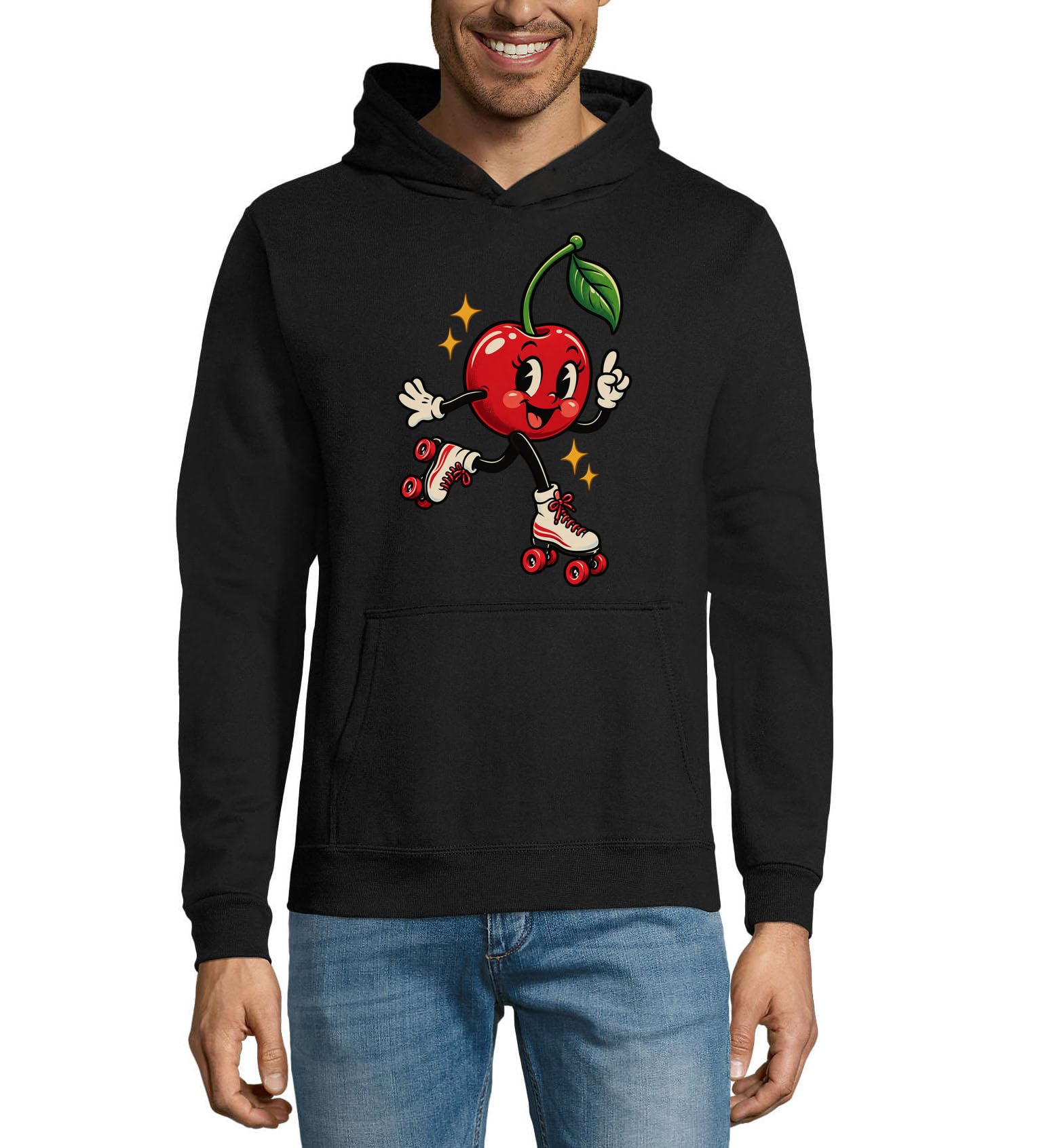 Szczęśliwa postać wiśni na rolkach unisex mieszanka bawełny bluza z kapturem bluza z kapturem czarna