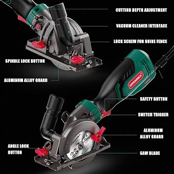 HYCHIKA Circular Saw, 750W 3500RPM with 3 Blades(115 and 125mm), Scale Ruler, Cutting Depth 48mm(90°), 32mm(45°), Compact Circular Saw for Plastic, Tile and Soft Metal