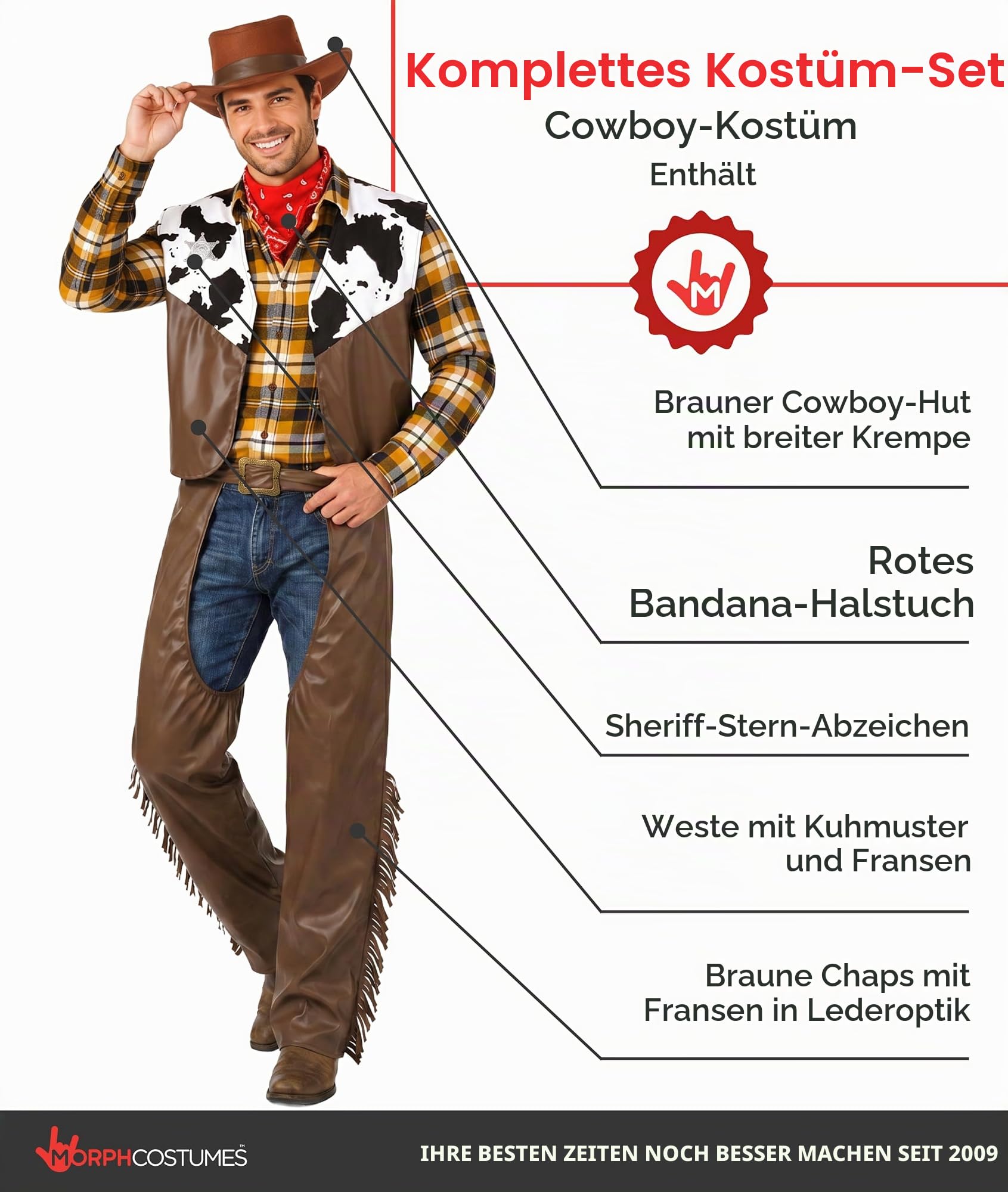 Fun Shack Cowboy-Kostüm für Herren, Wilder Westen, Rodeo, Sheriff, Westernkuh, Jungen-Outfit
