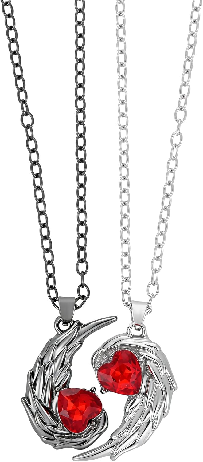 Matching Necklace for Couples, Gothic Wing Promise Necklace Set for Him and Her, Red Crystal Pendant Friendship BFF Necklace for 2, Valentine’s Day Mother’s Day Christmas Gift for Women - Image 3