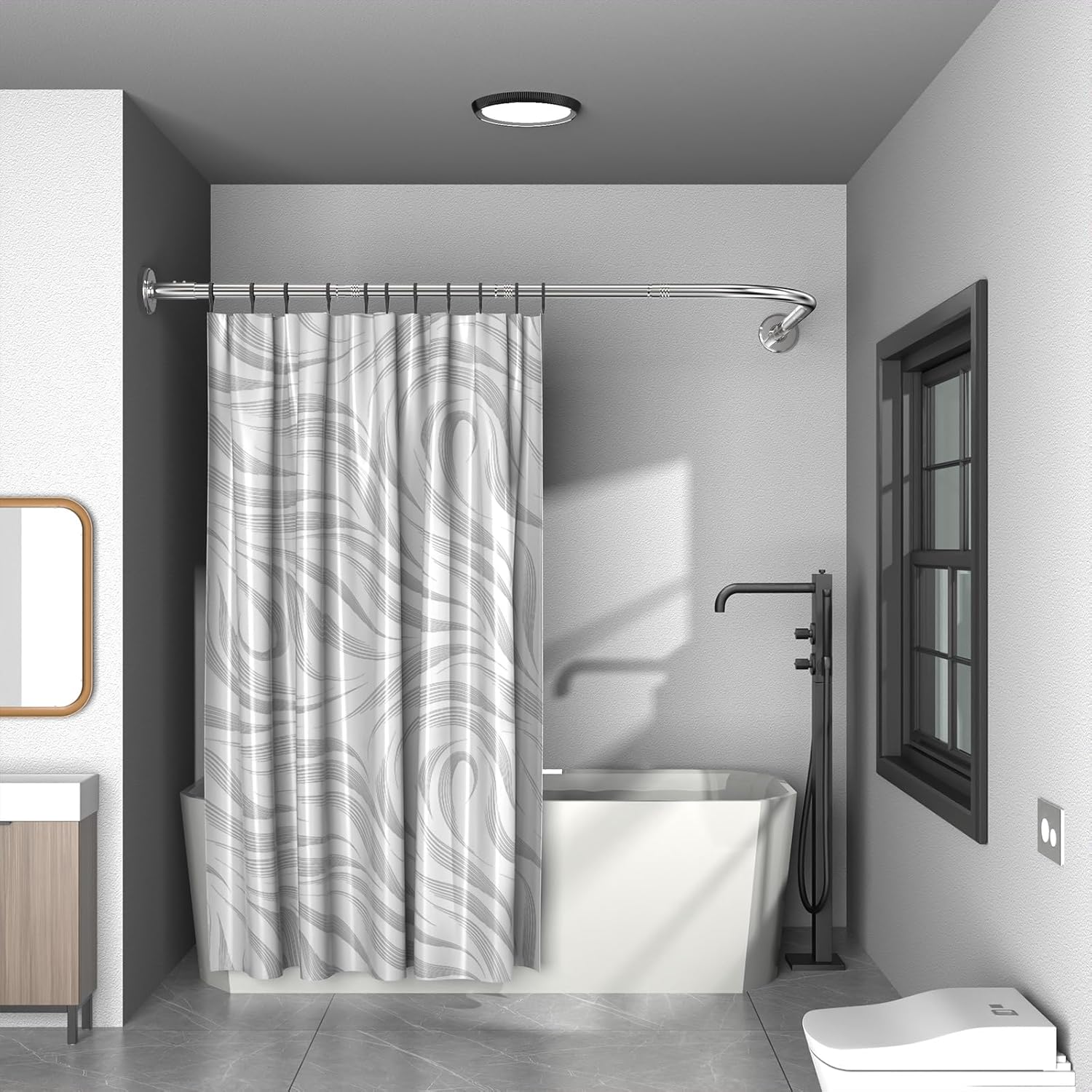shower curtain rod L-shaped 304 stainless steel, 25mm diameter Corner shower curtain rod, Large size 29.5"x76", suitable for bathroom, bathtub, with 12 shower curtain rings -Silver