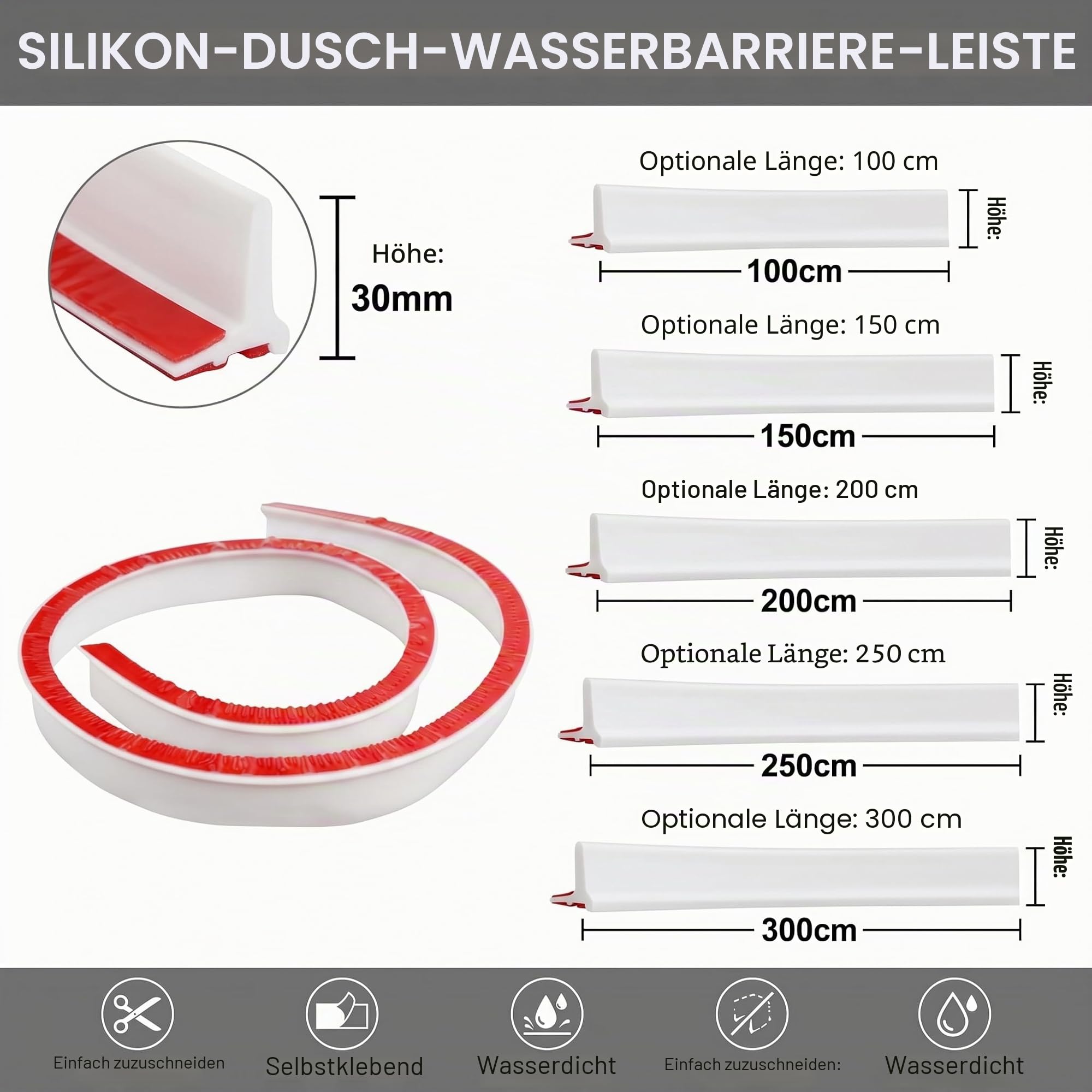 RANRAO 100–300 cm Silikon-Duschschwelle, Wassersperre, Waschbeckendichtungsstreifen, Badewannenrand-Dichtungsstreifen für Badewanne, Arbeitsplatte, Küche (250 cm)