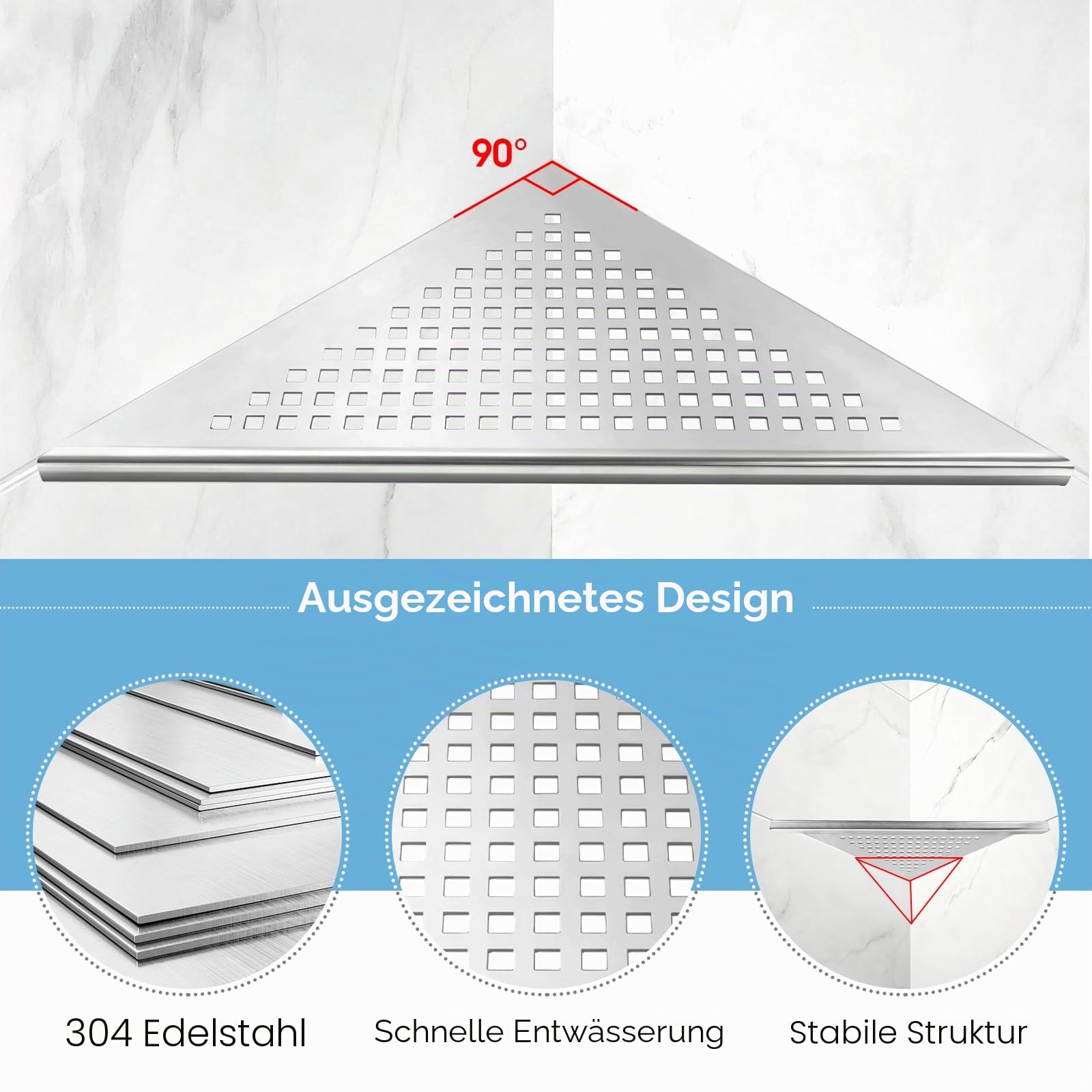 3X Ecke-Duschablage 254x 254x 360 mm Badezimmerregal Edelstahl 304 | 1,5 mm Verdickter, Gebürstet, Eckablage Duschablage mit Gitterdesign Einbau-Wandregal in Fliesenfugen für Geflieste Wände