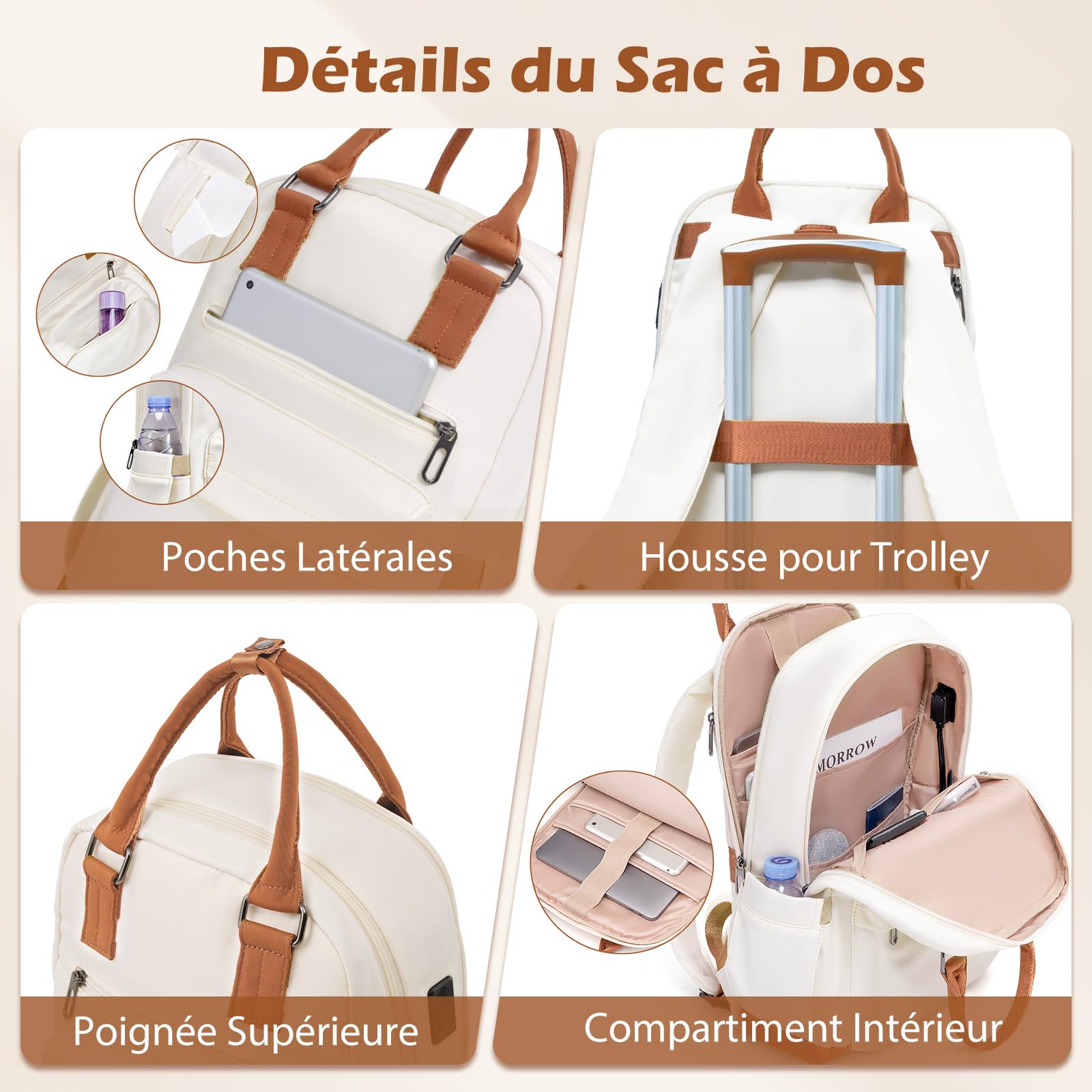 COOLIFE Valise, 5 Pièces Set de Valise avec Sacs de Voyage et Trousse de Toilette pour Les Voyages en Famille, Serrure TSA et roulettes Pivotantes à 360° (Blanc/Marron, Set 5 Pièces)
