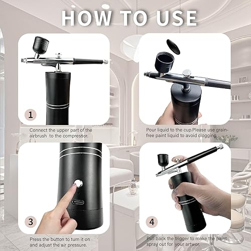 Miniatura 6 de Kit de cepillo de aire inalámbrico, recargable portátil, con pistola de aerógrafo de mano automática y compresor, pistola rociadora de doble acción