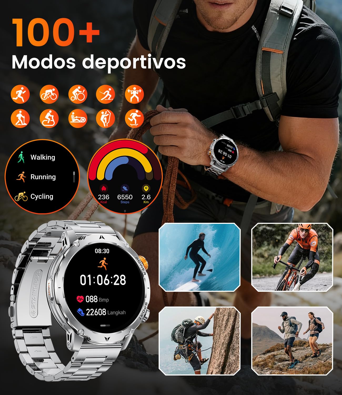 Reloj Inteligente Hombre Militar 1000mAh, Smartwatch 1,7'' con Linterna LED y Llamadas Bluetooth, 110+ Modos Deportivos, IP68, Frecuencia Cardíaca 24H, Android/iOS, 3 Pulseras + 2 Cargadores, EF24-B